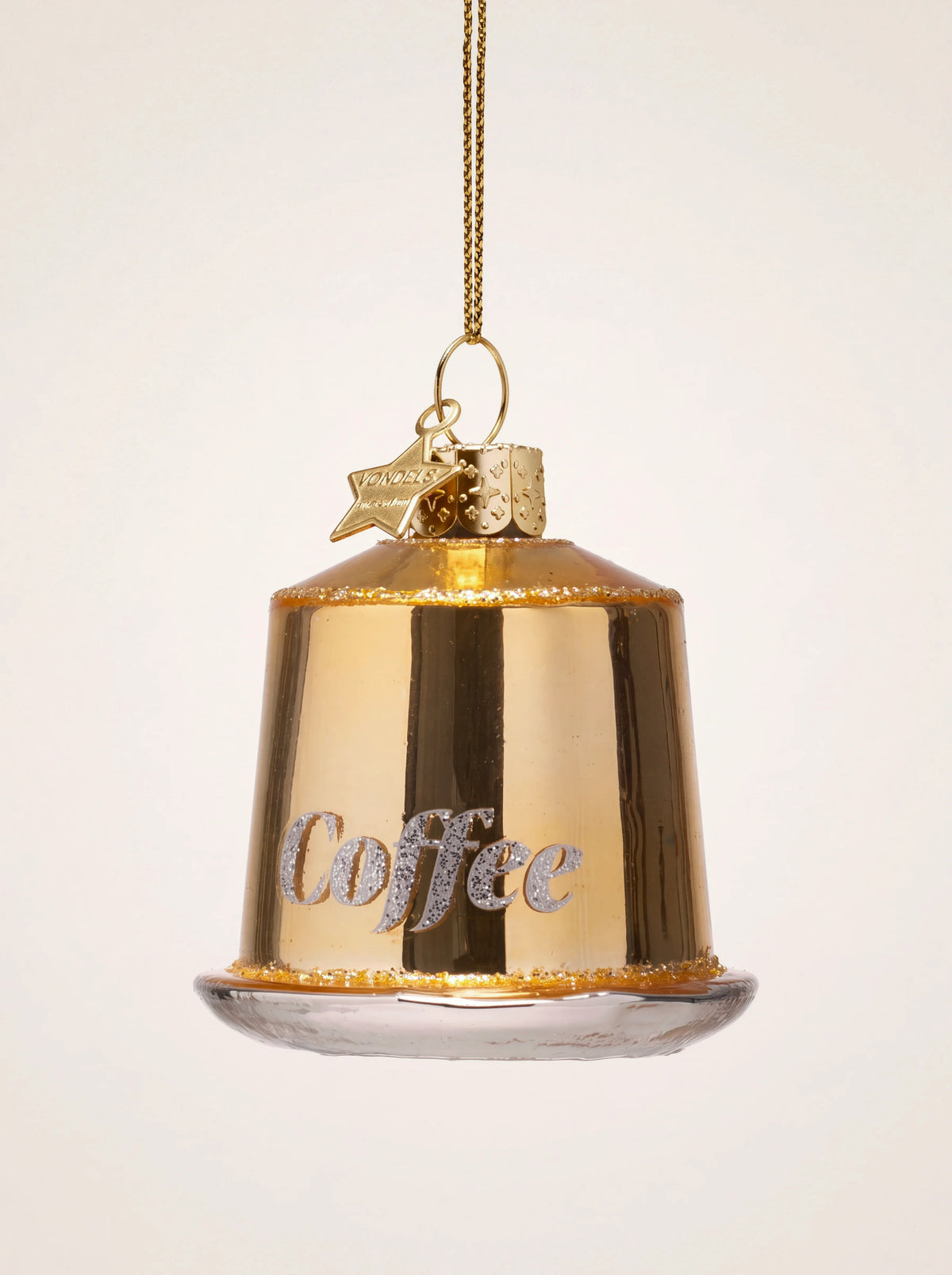 Gold glass coffee capsule ornament with glitter trim and Coffee written in silver script