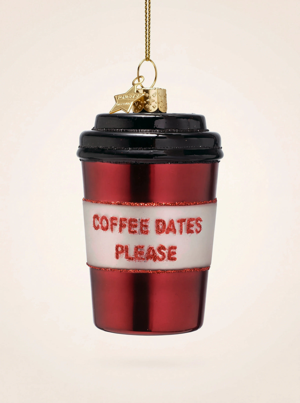 Takeaway coffee cup glass ornament in glossy burgundy with black lid and glitter text Coffee Dates Please