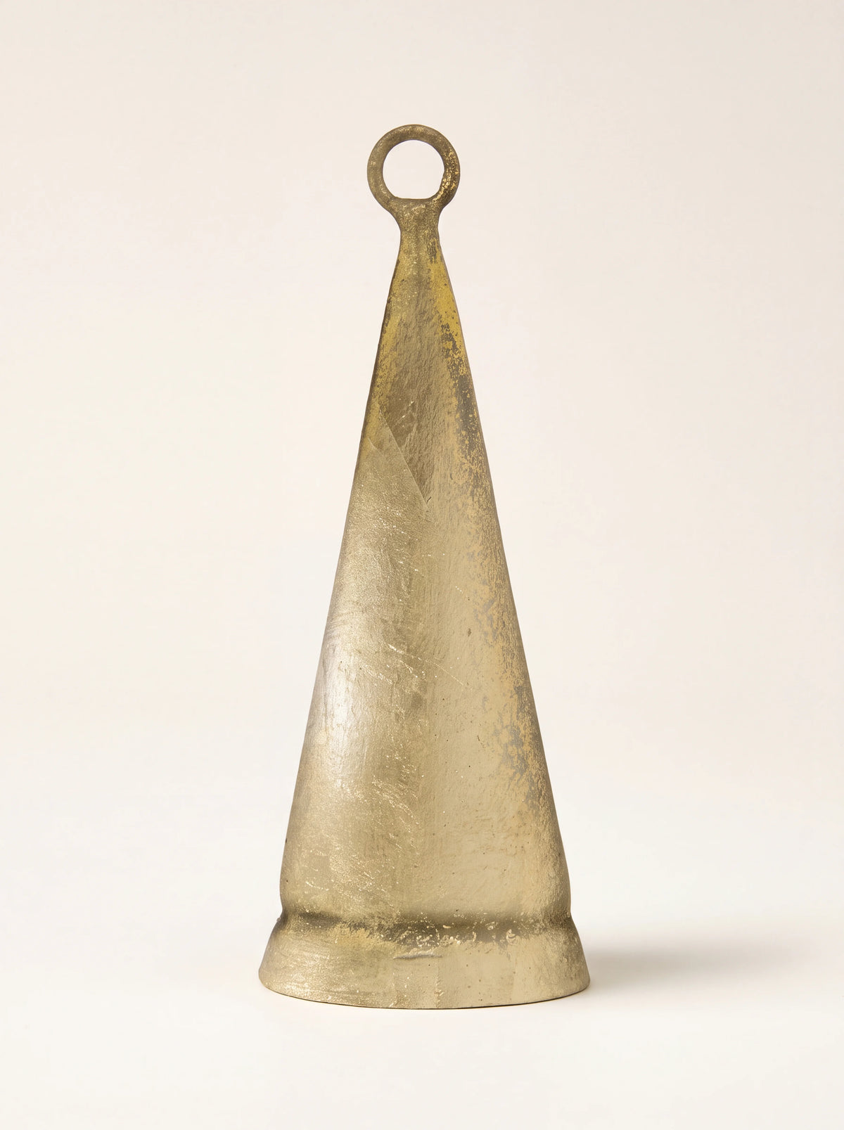 Cone-shaped iron bell with a rustic golden finish, flared rim and top hanging loop