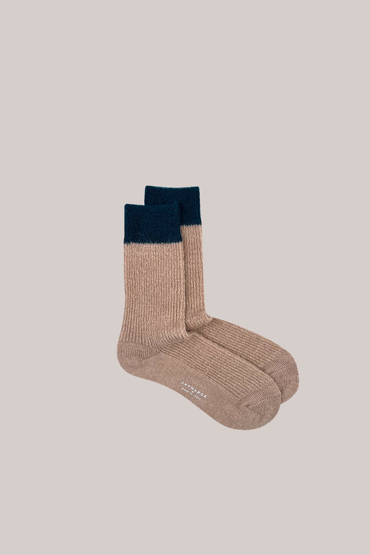 Beige ribbed mohair-blend socks with dark blue cuffs, printed with INTHEBOX Made in Italy