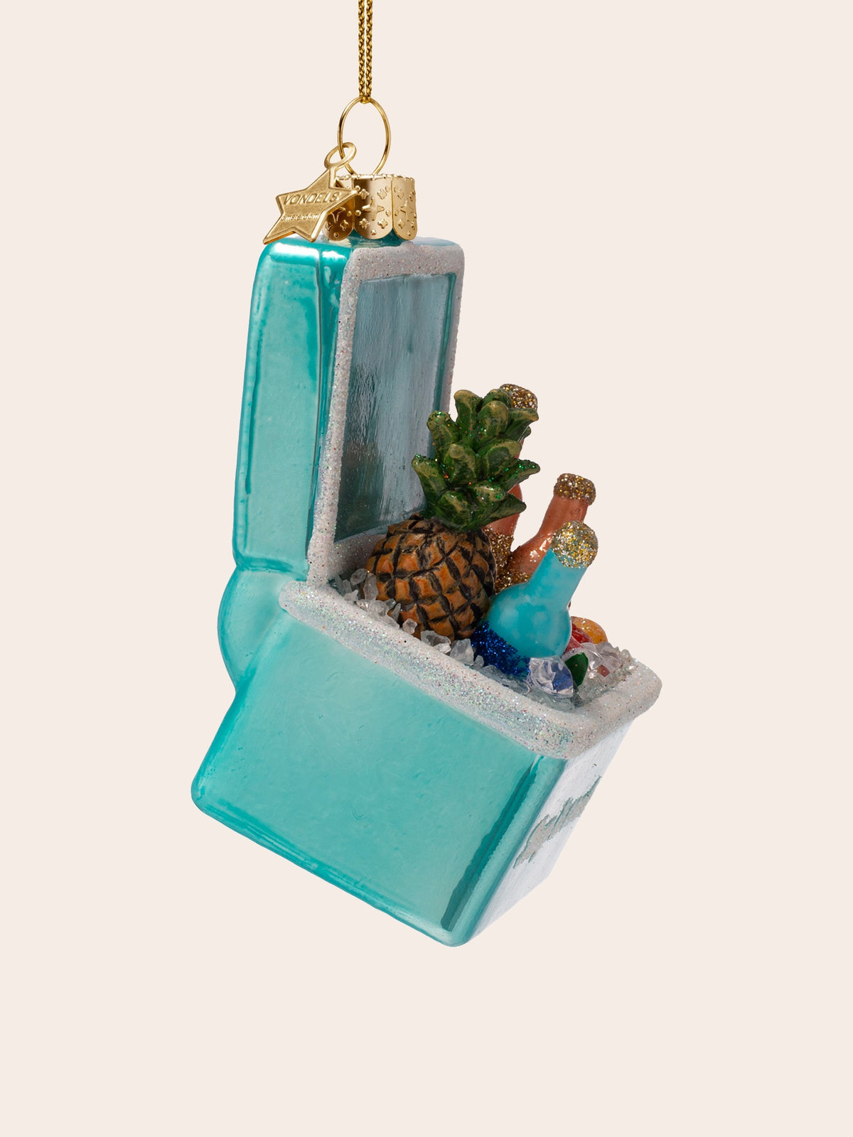 Side view showing the open hinged lid and turquoise finish of the glass cool box ornament