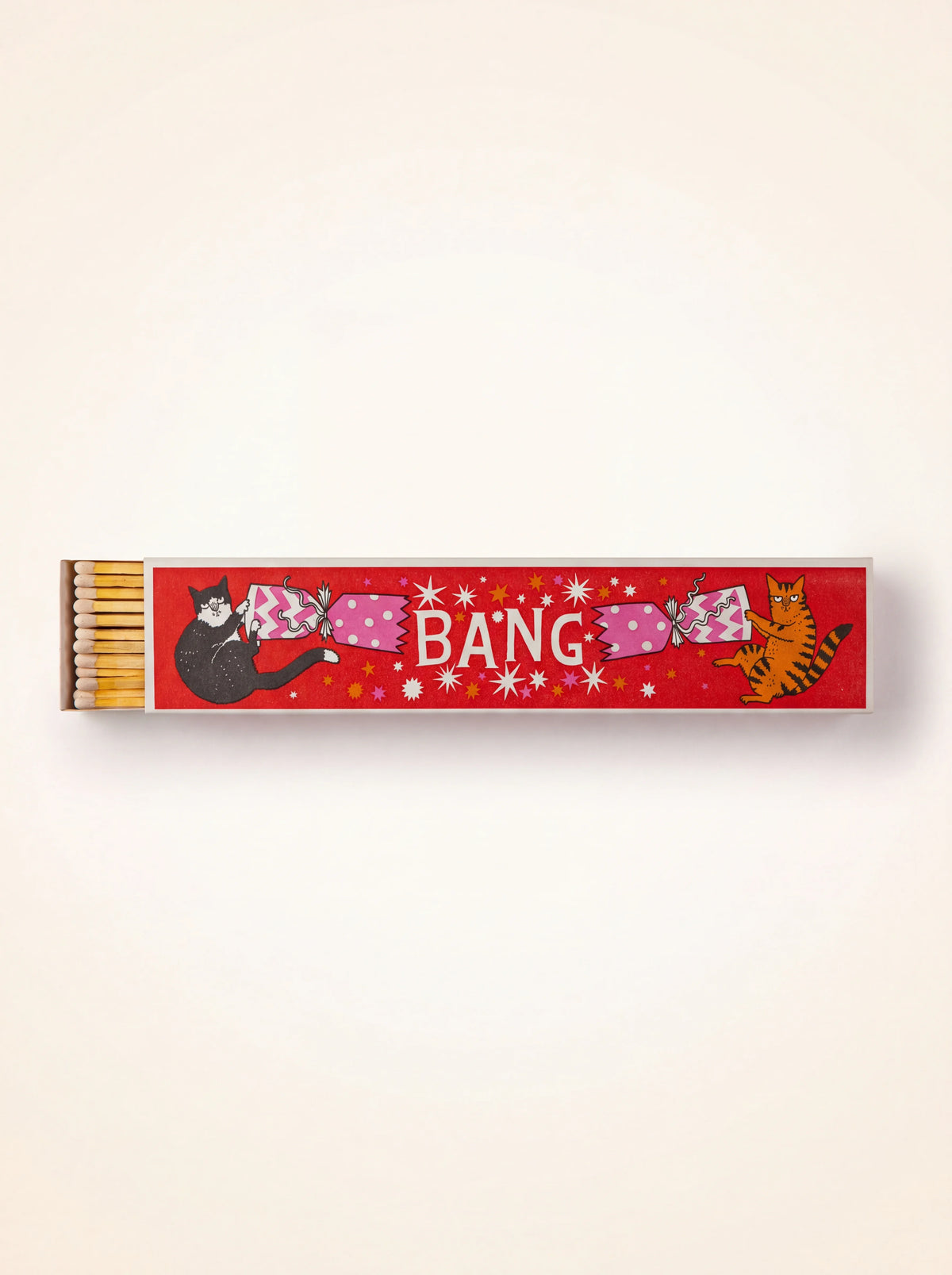 Long matches in a red box illustrated with two cats pulling a cracker with the word BANG