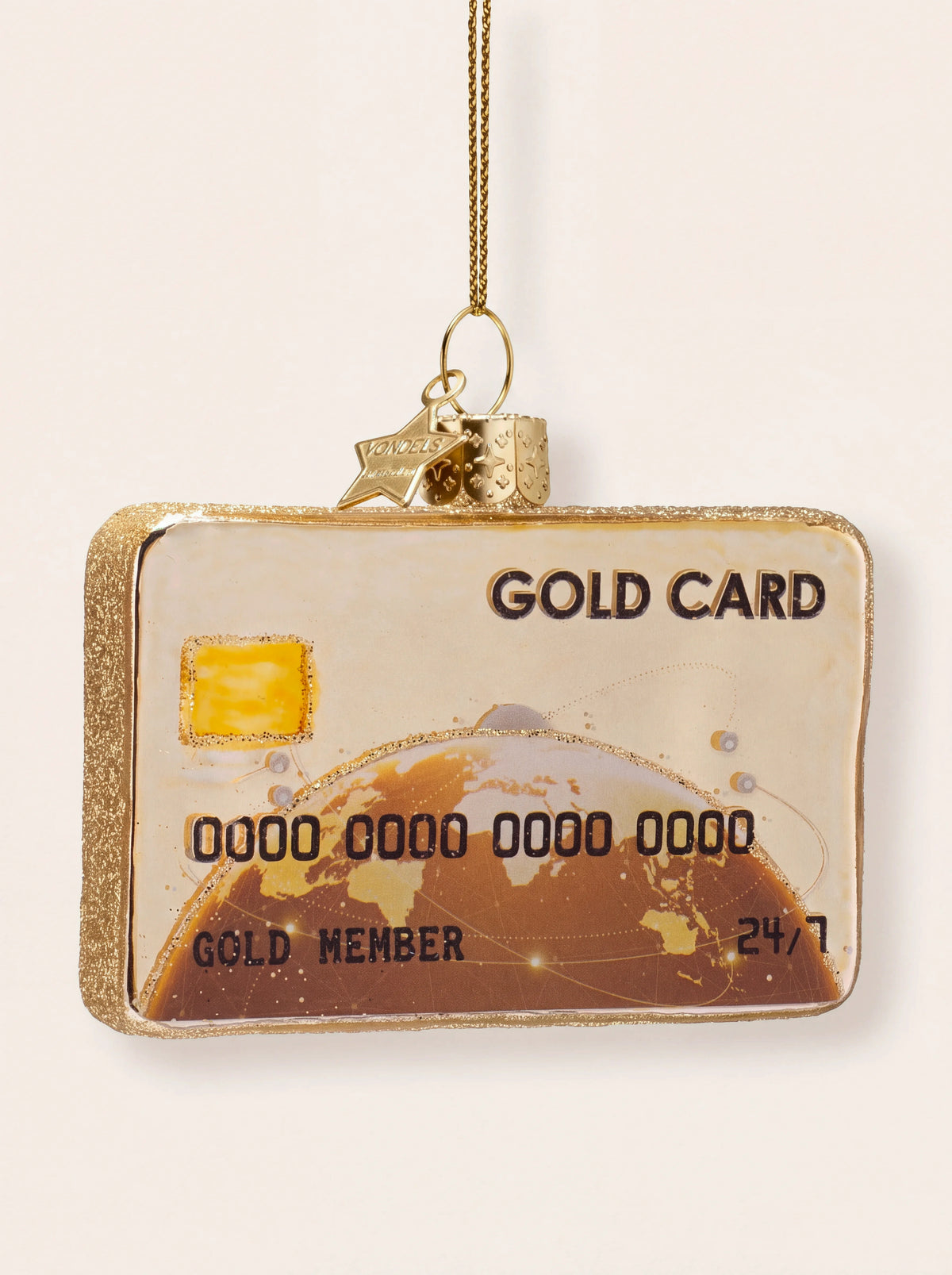 Glass credit card Christmas ornament with painted gold details, glitter edges, and hanging cord