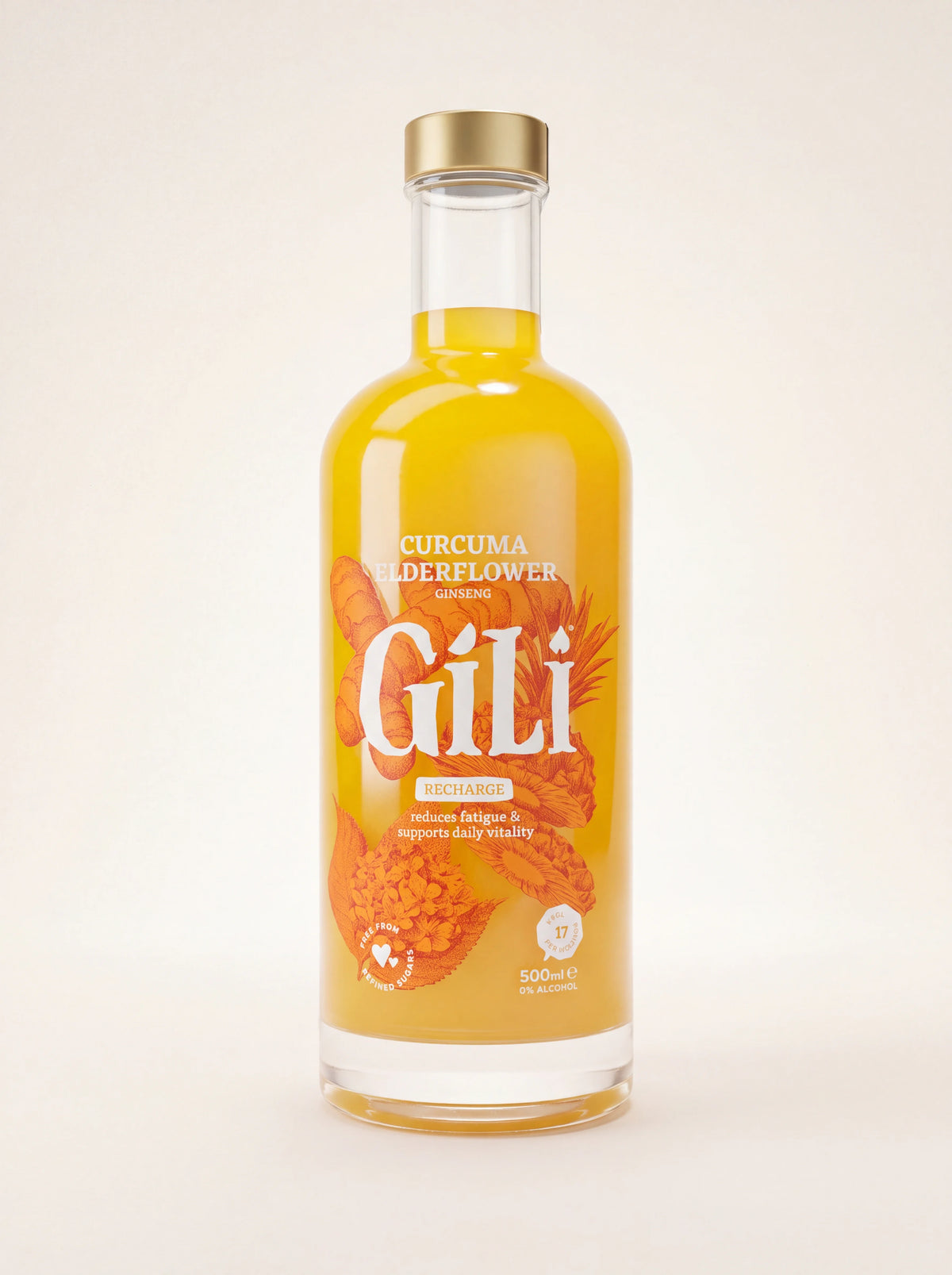 Curcuma elixir in a 500 ml clear glass bottle with bright yellow liquid and a gold-coloured screw cap