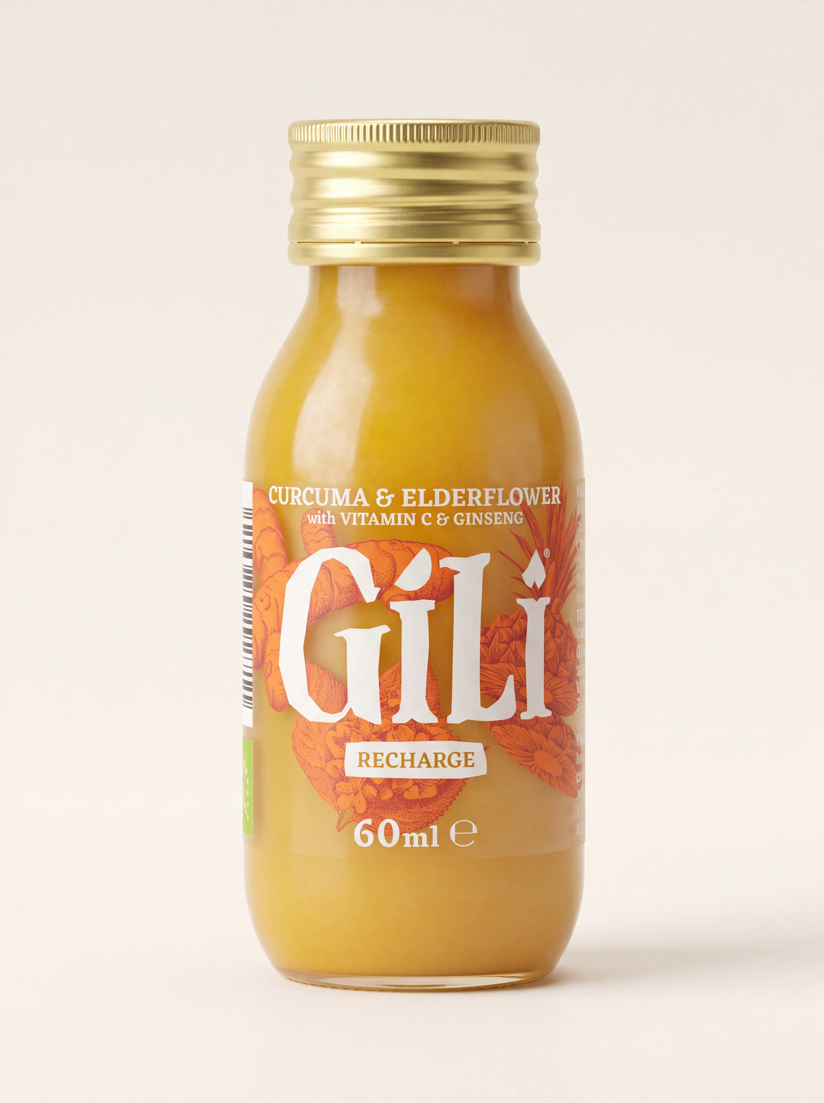 Curcuma and elderflower elixir shot in a 60 ml glass bottle with a gold screw cap and Gili label