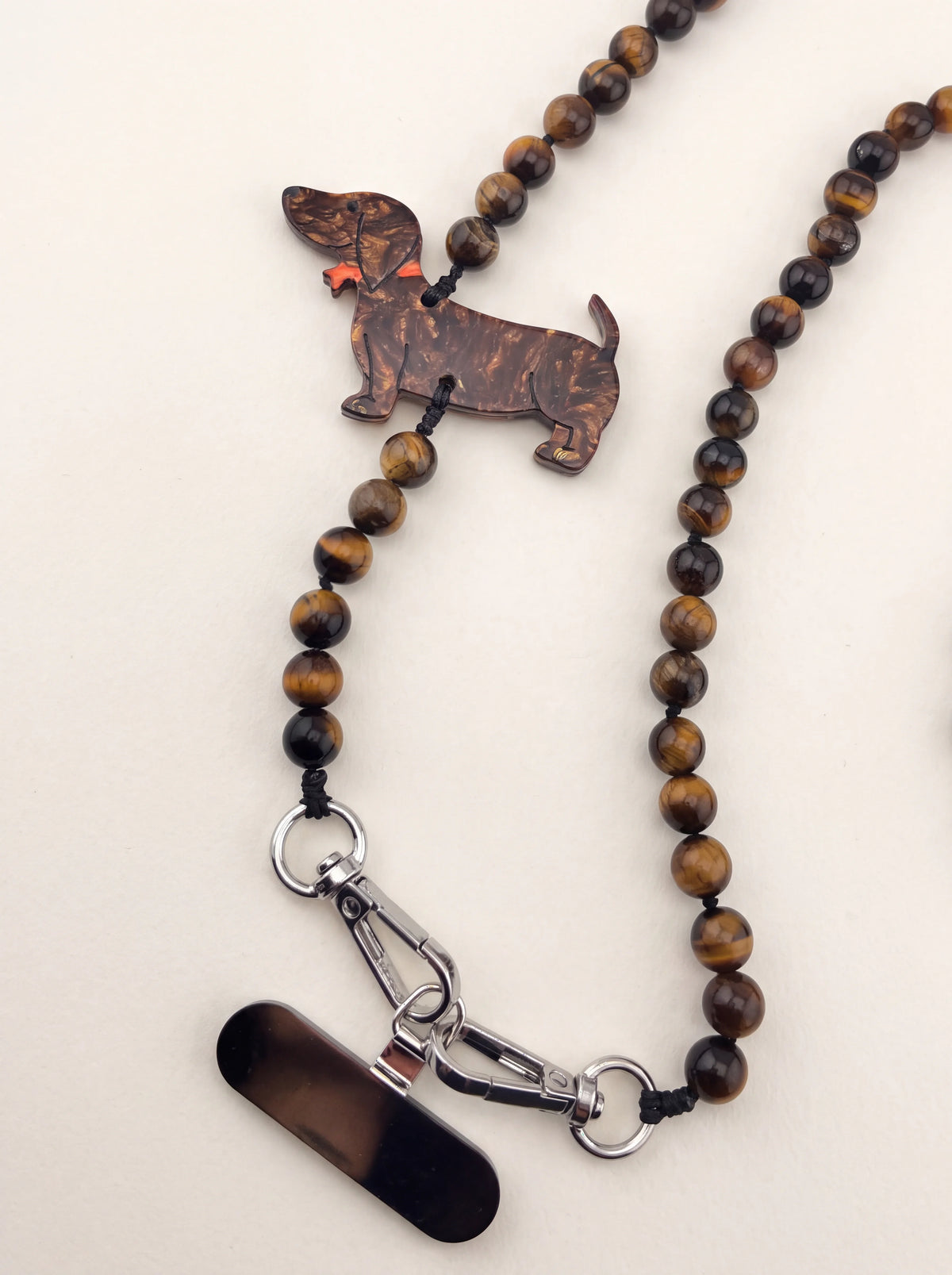 Dachshund crossbody phone chain with brown gemstone beads, tortoiseshell acetate dog charm and case insert