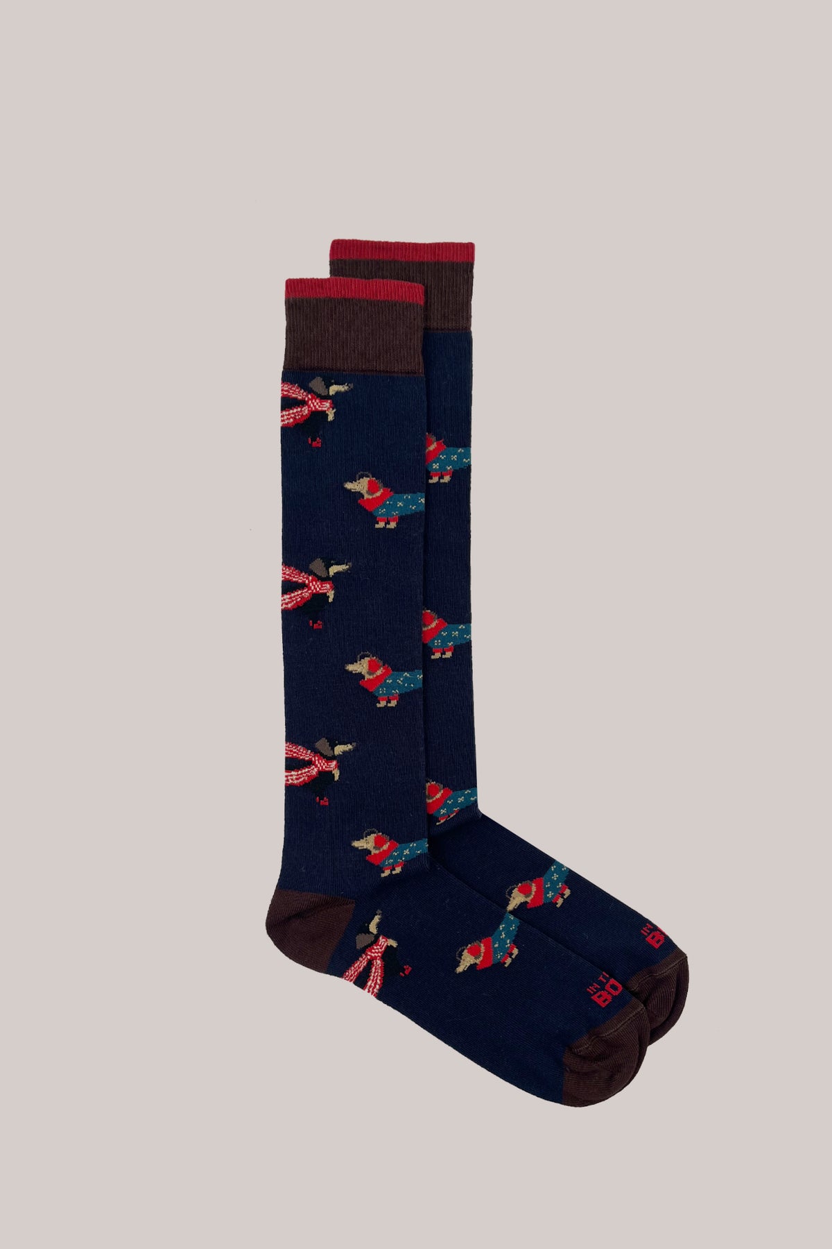 Navy blue calf-high cotton socks with a dachshund pattern, two-tone ribbed cuffs and brown heels and toes
