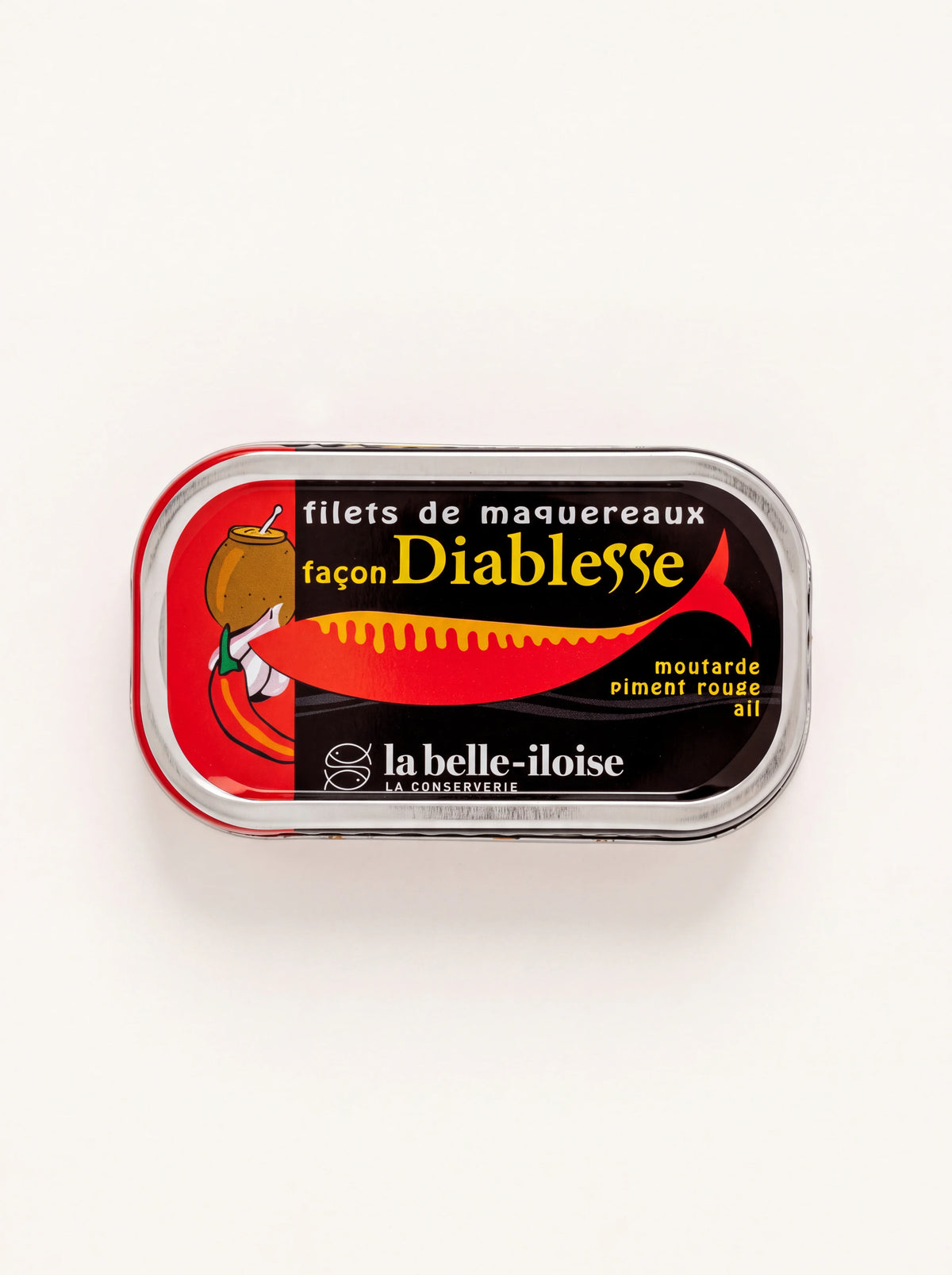 Tinned mackerel fillets in red and black packaging labelled filets de maquereaux façon Diablesse