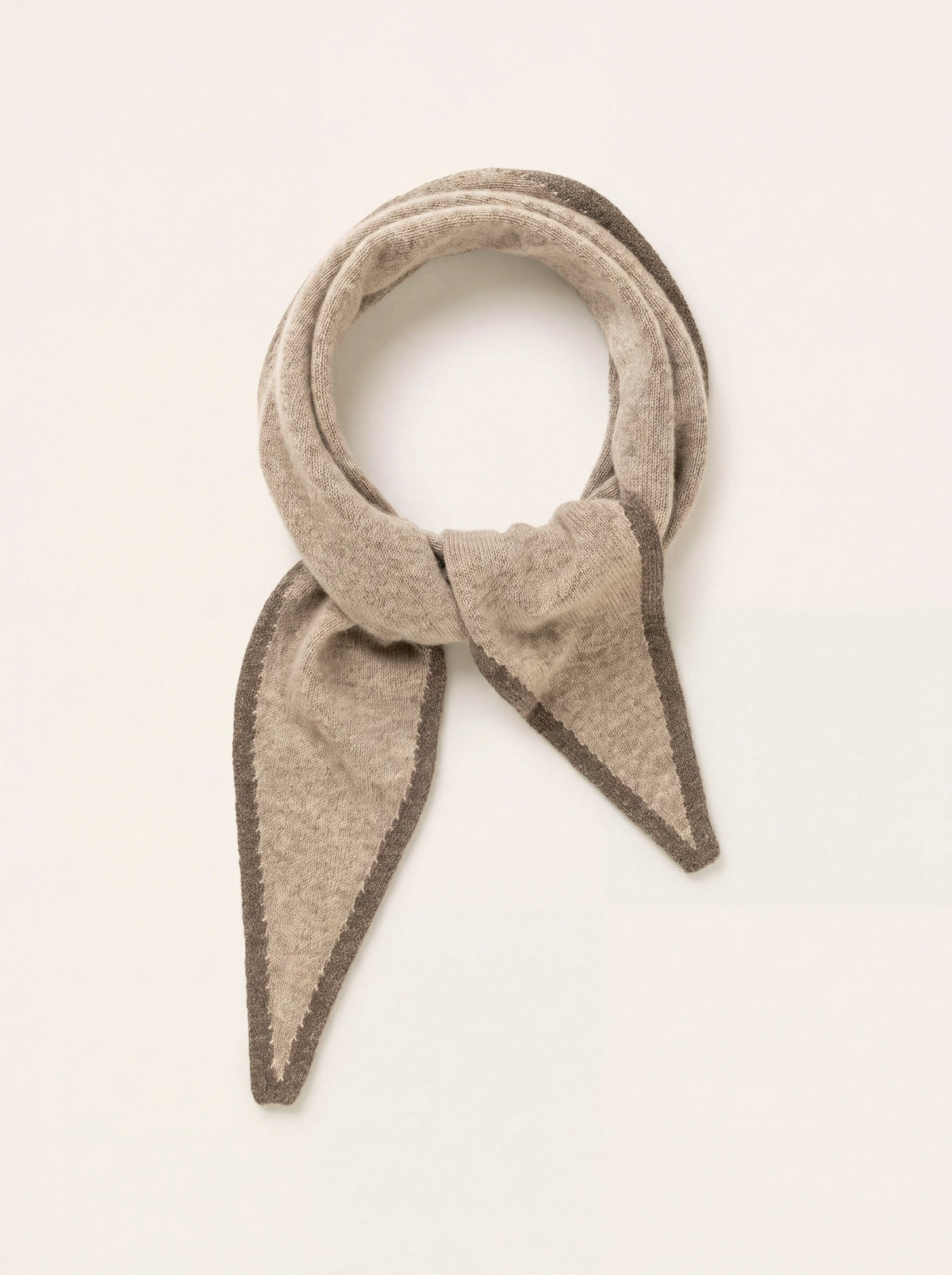 Diamond necktie in pebble brown cashmere with contrasting dark brown trim, loosely looped and knotted