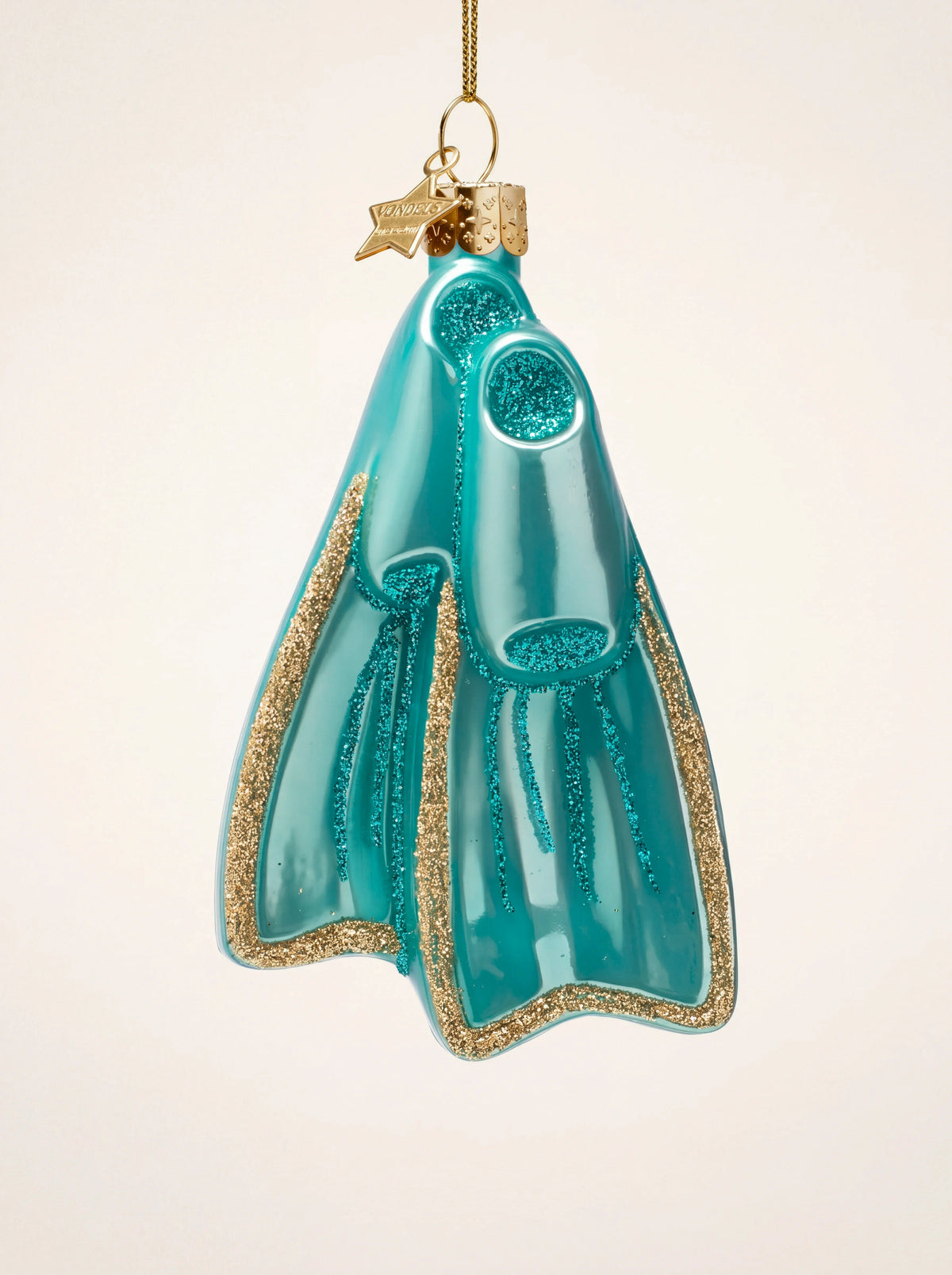 Turquoise glass diving flippers Christmas ornament with gold glitter accents and a gold hanging cap