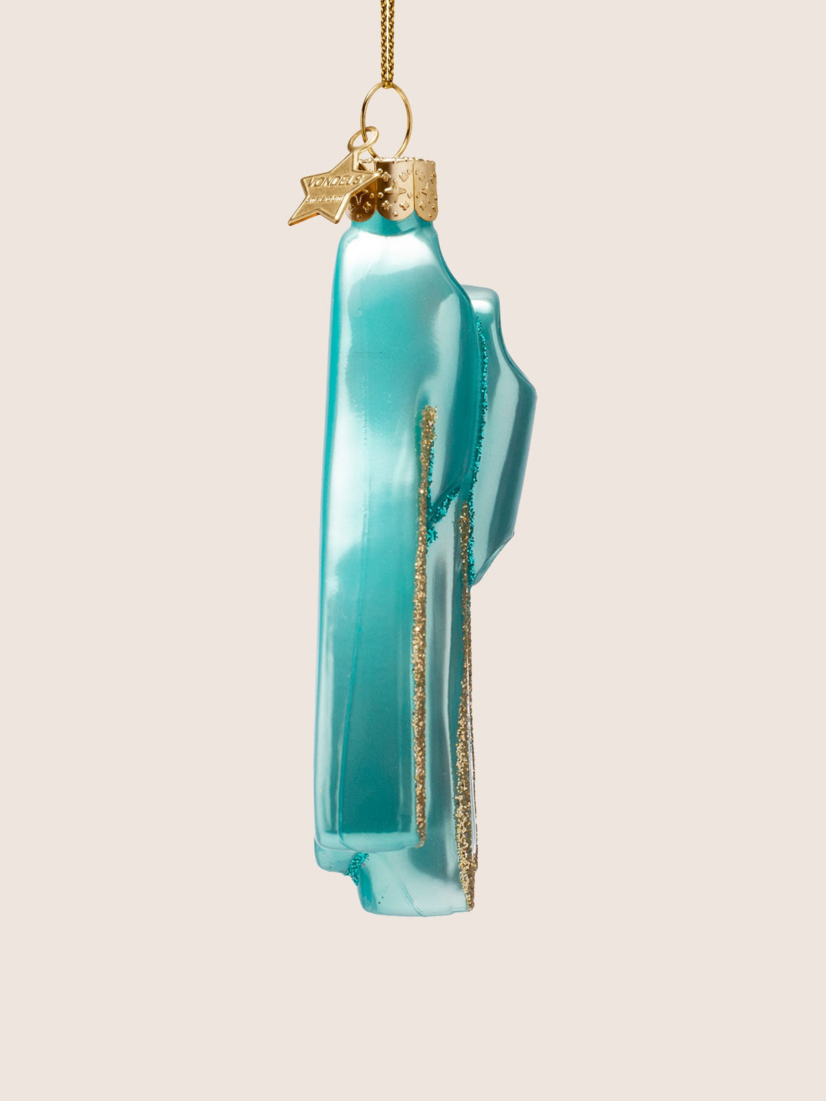 Side profile of the flippers ornament showing the depth and curved blade edges