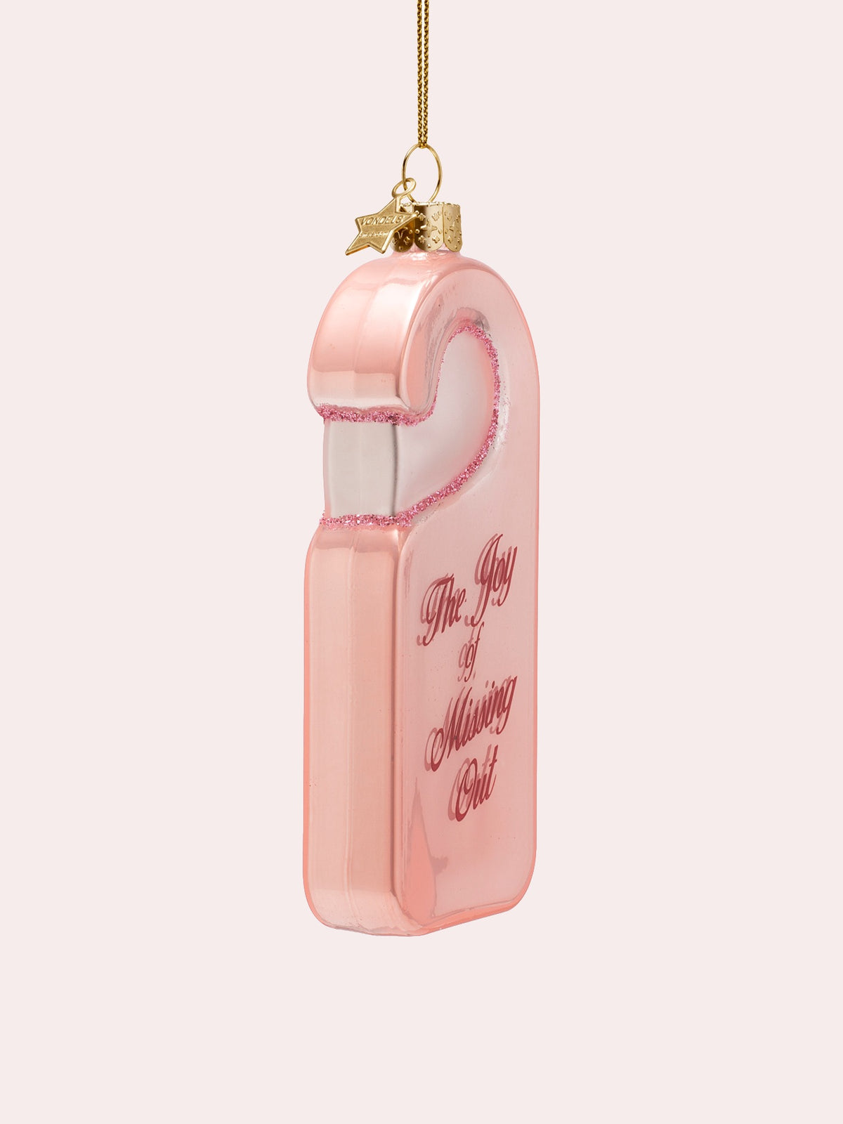 Side profile showing the thickness of the glass ornament and the inner curve of the hook