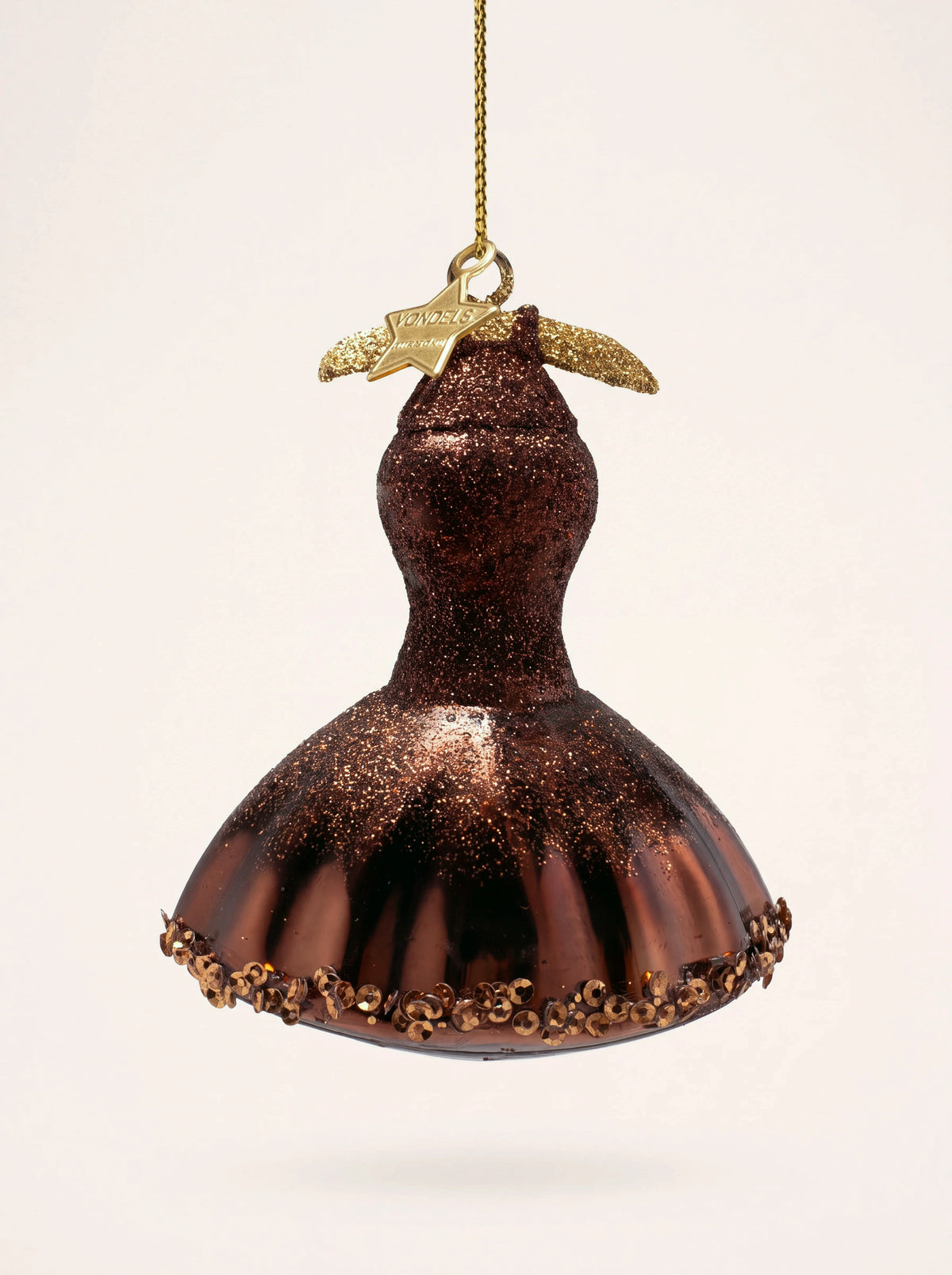 Brown glass dress Christmas ornament with glittered bodice, fluted skirt and sequinned hem