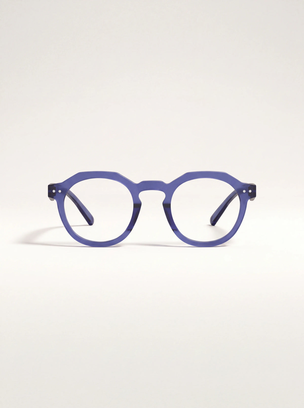 Translucent blue pantos reading glasses with an angular browline and keyhole bridge