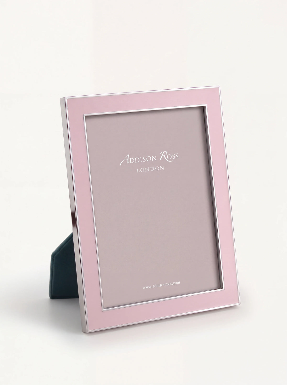 Standing rectangular photo frame with light pink enamel border and silver-tone edges