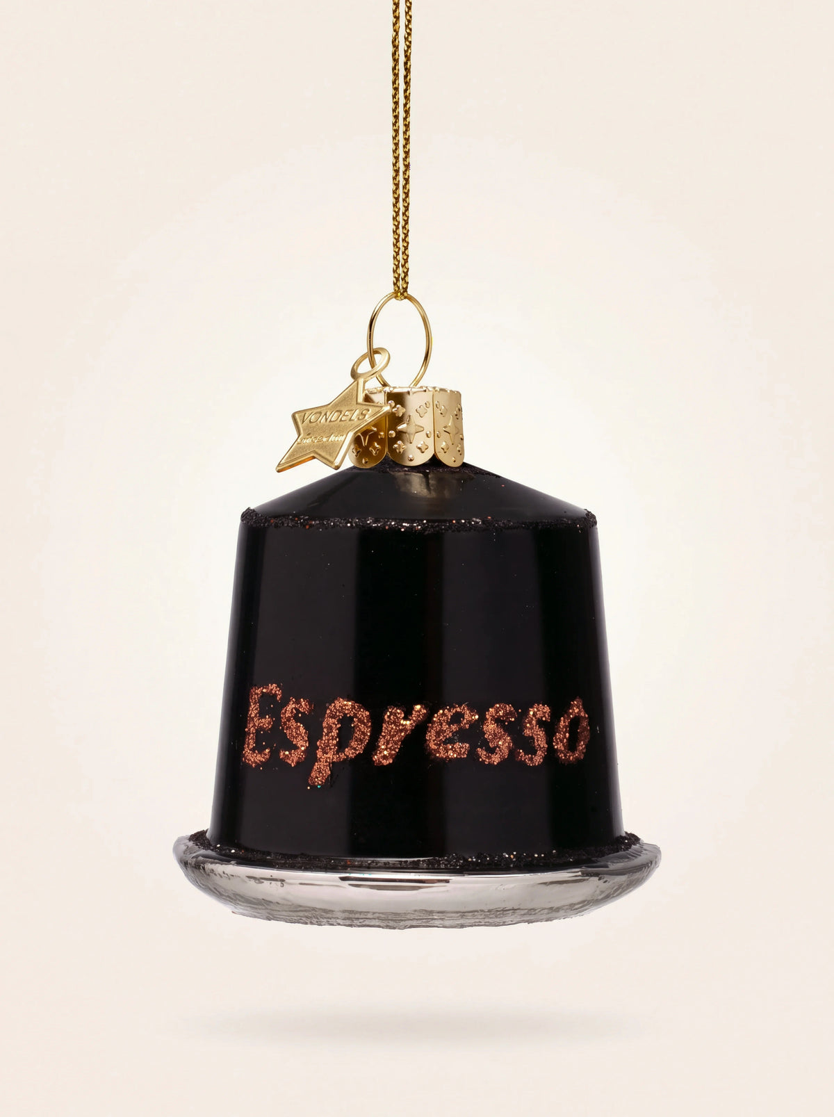 Glass espresso capsule Christmas ornament in glossy black with bronze glitter Espresso lettering and silver rim