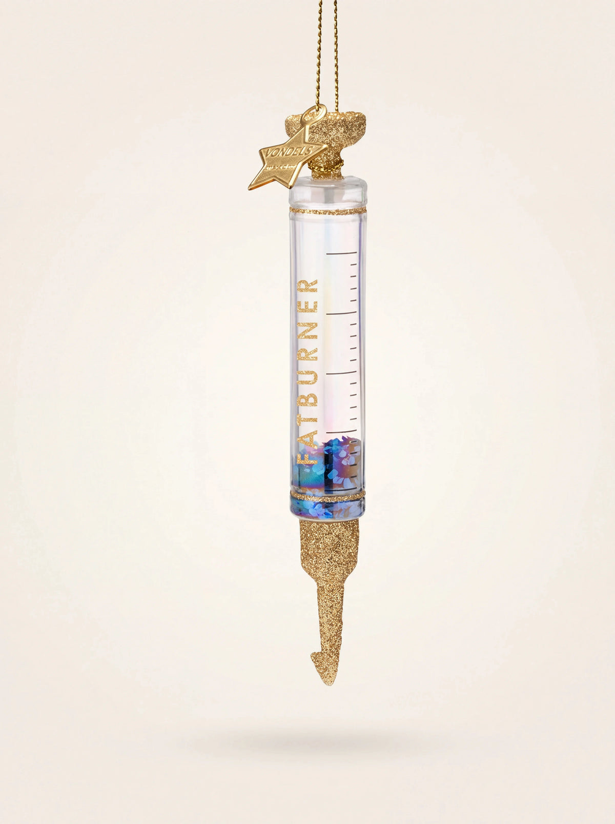 Glass syringe Christmas ornament with gold-glitter ends, blue sequins inside and Fatburner printed in gold