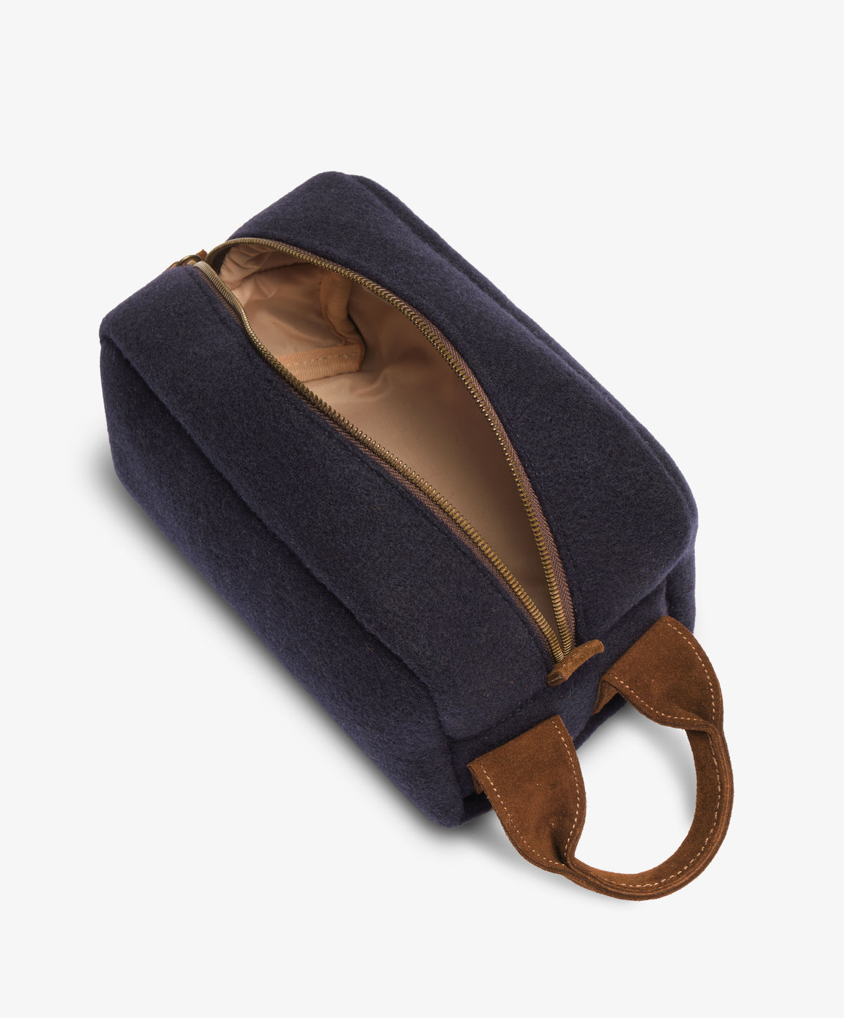 Blue felt beauty case unzipped from above to show the light brown fabric lining