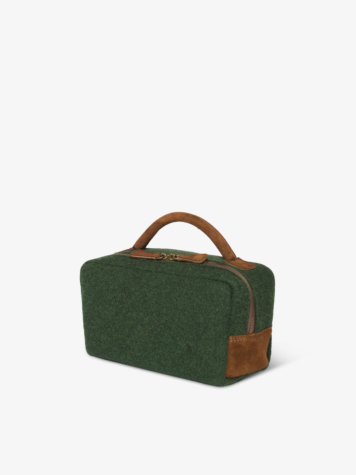 Three-quarter view showing the rectangular shape and stitched suede side patch