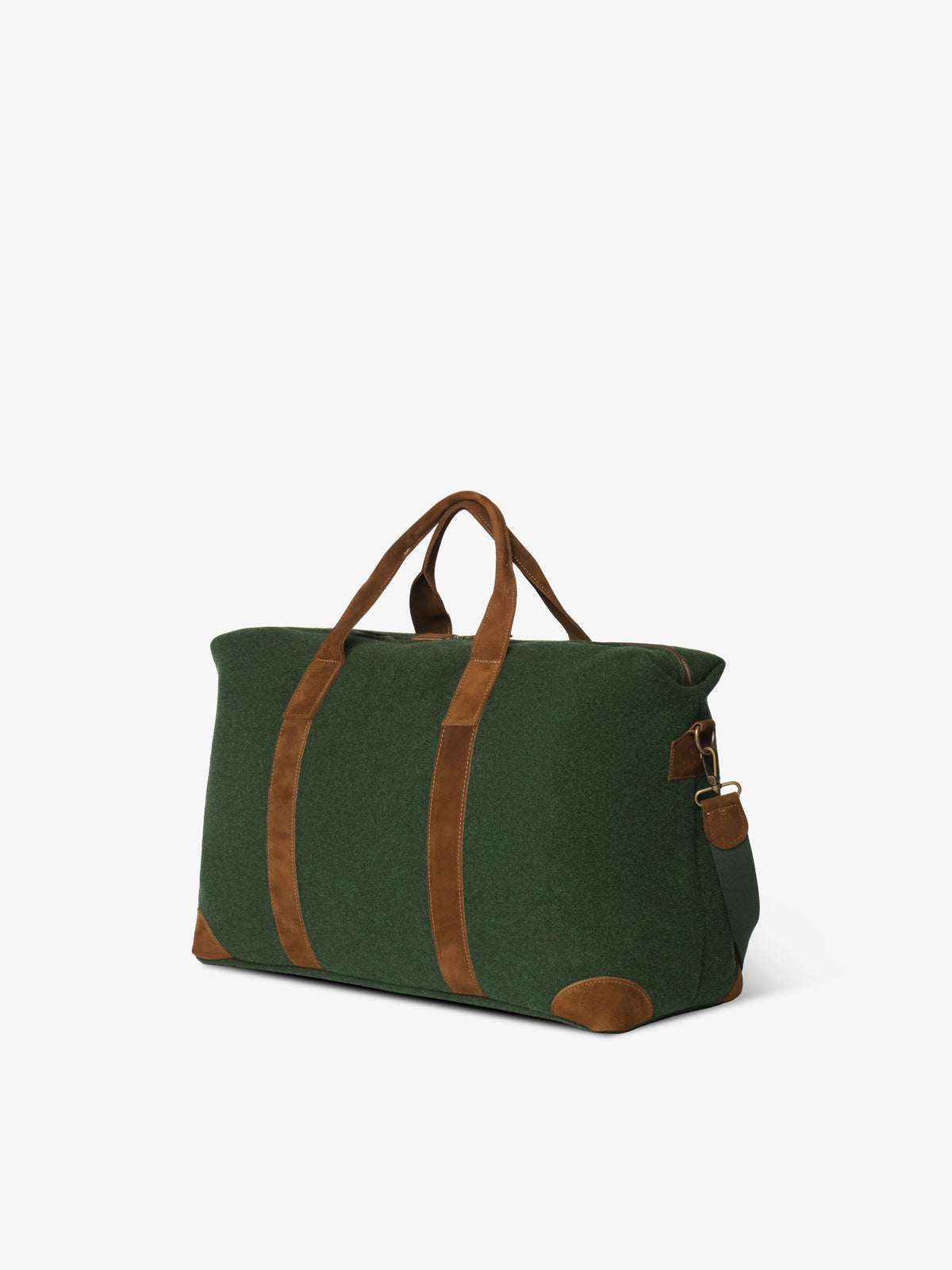 Green wool felt weekender bag from an angle, showing its depth and brass-toned strap clip