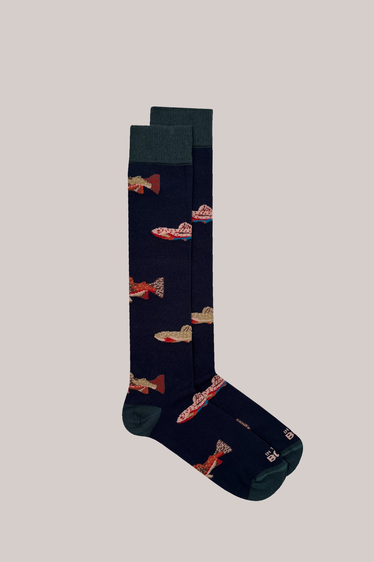 Long navy blue cotton-blend socks with an all-over fish pattern and dark green ribbed cuffs, heels and toes