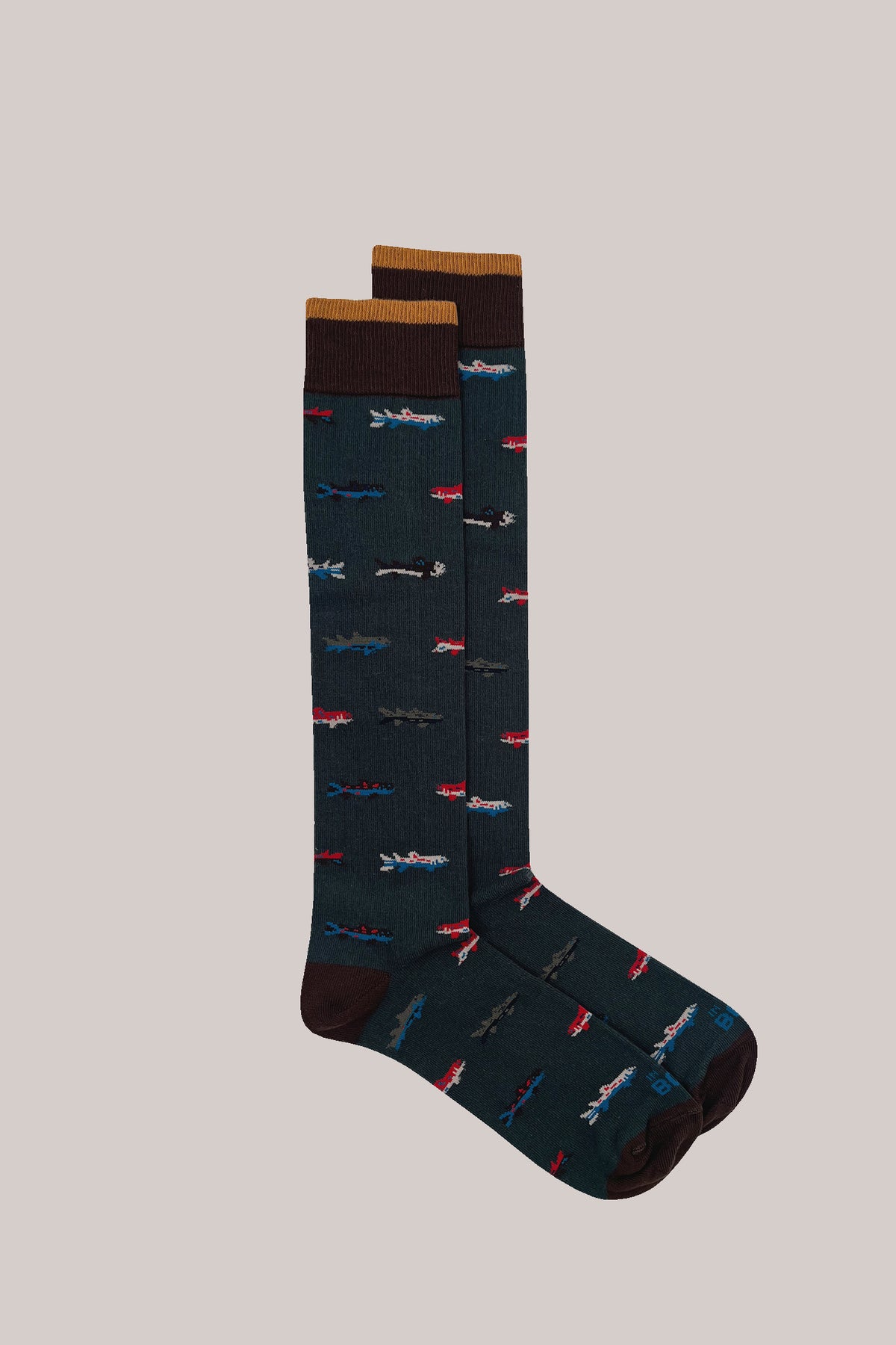 Dark green cotton socks with an all-over fish pattern, dark brown heels and ribbed cuffs edged in ochre