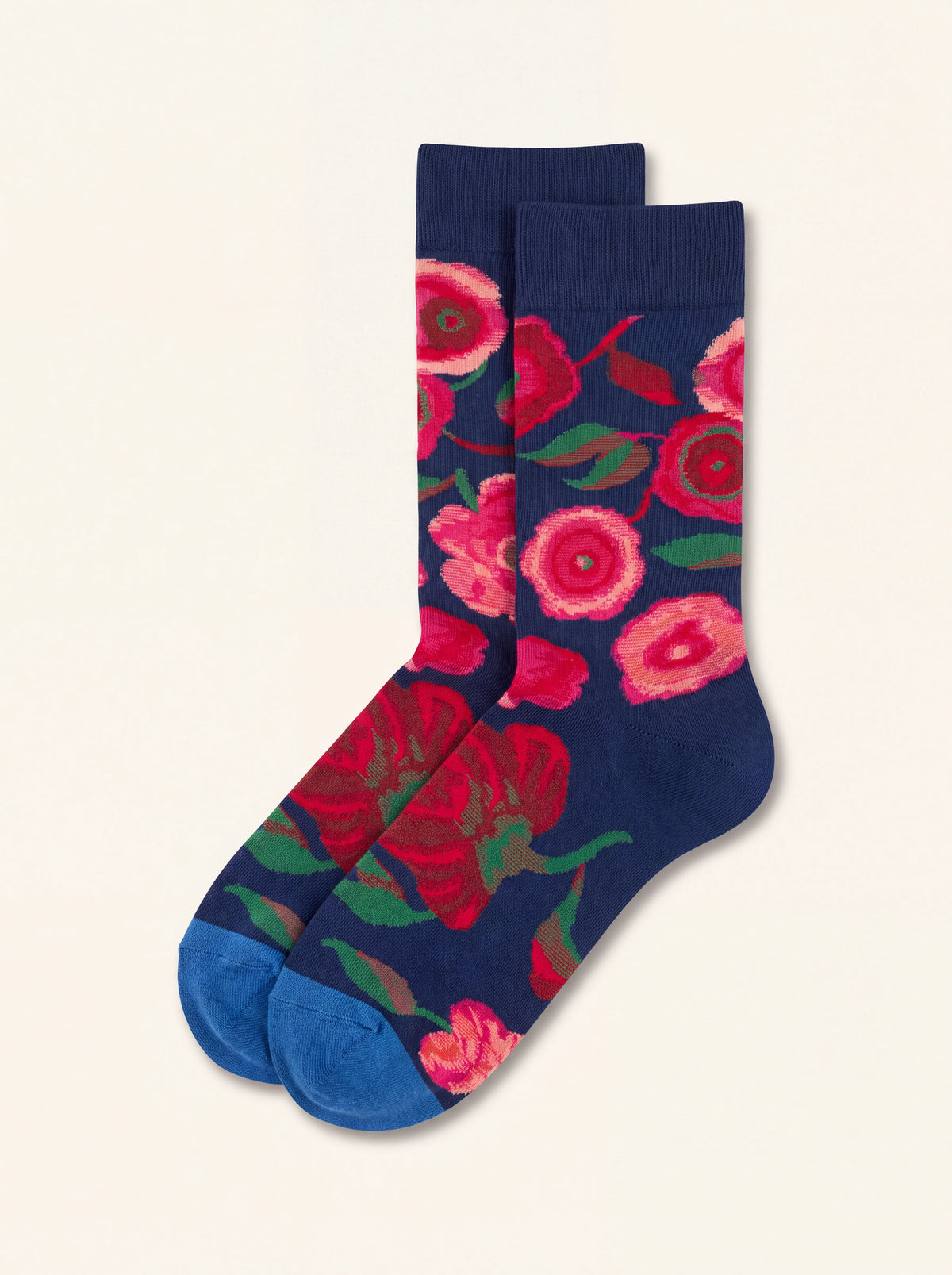 Dark blue cotton-blend socks with a pink and red floral pattern, ribbed cuffs and bright blue toes