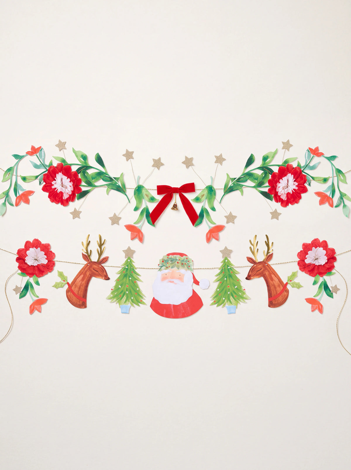 Paper garland set with painted foliage, red velvet bow, glitter stars, Santa and reindeer cutouts