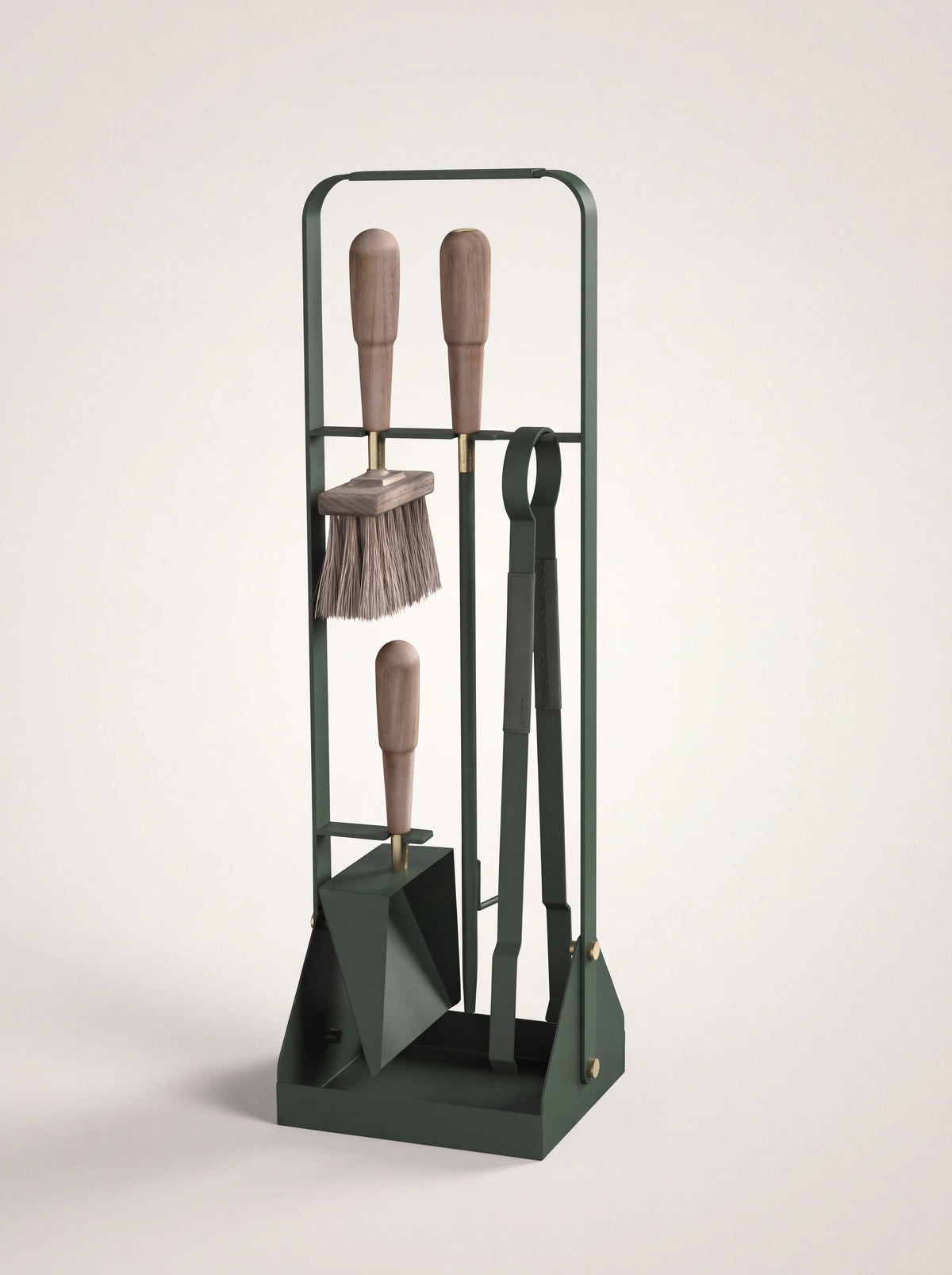 Dark green metal fireplace companion set with walnut handles, including tongs, shovel, brush and blow poker