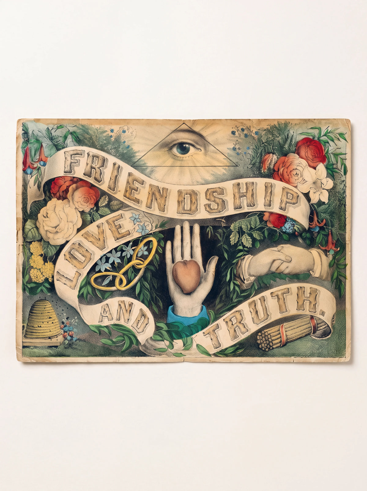 Jigsaw puzzle illustration with banners reading Friendship, Love and Truth surrounded by Victorian emblems