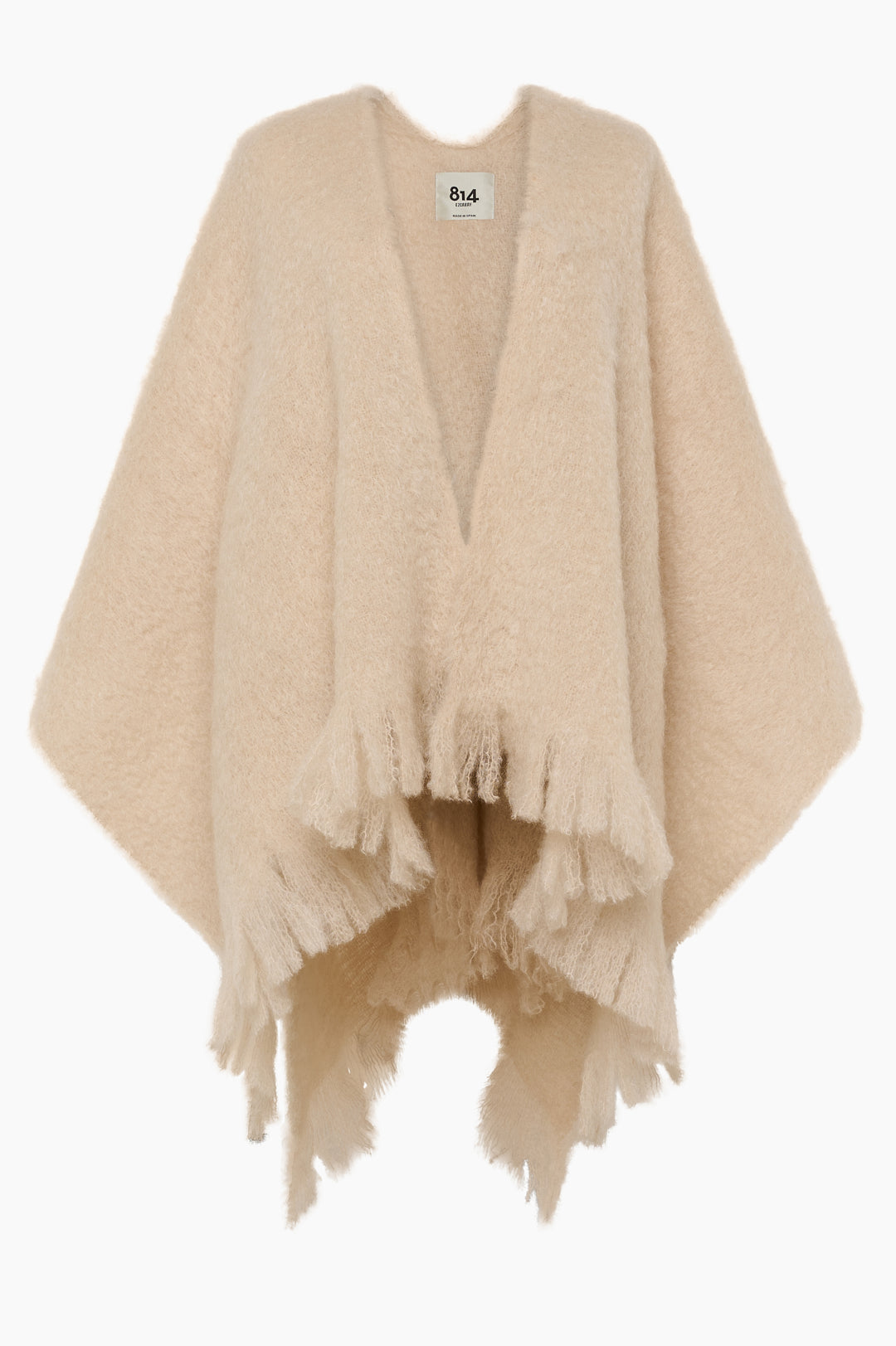 Beige brushed mohair-blend poncho with an open front, draped silhouette and fringed hem