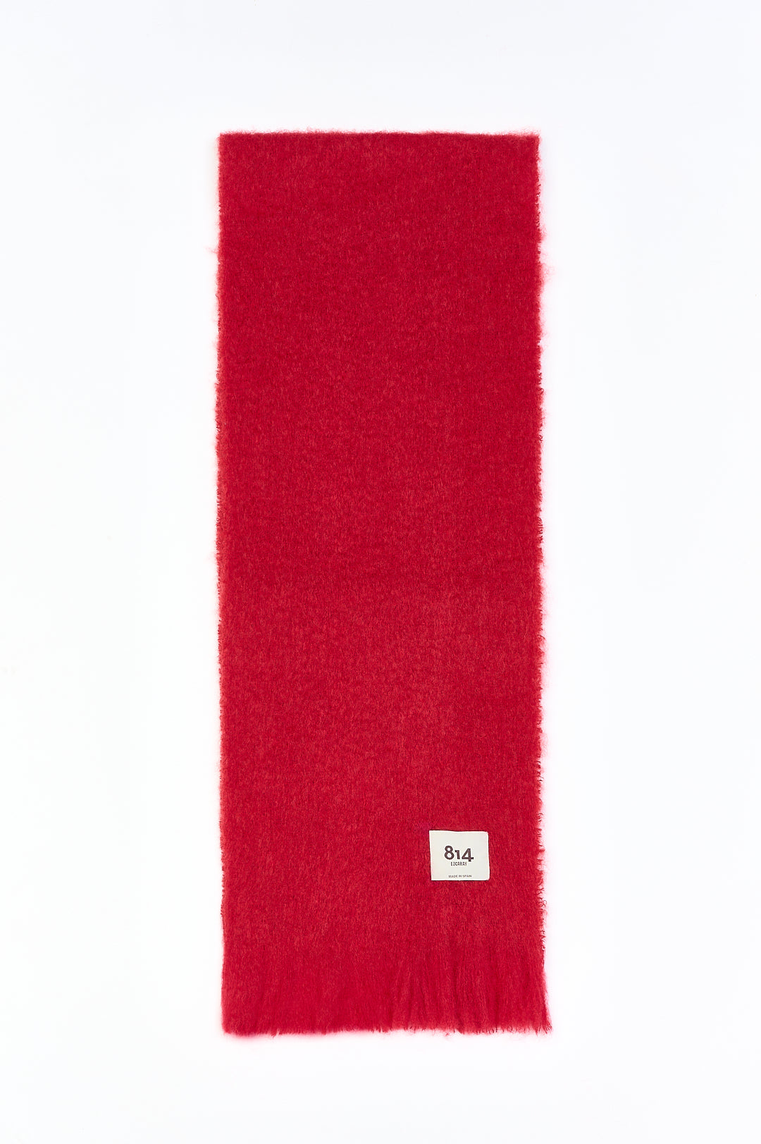 Red brushed mohair-blend scarf with fringed ends and a stitched 814 logo patch