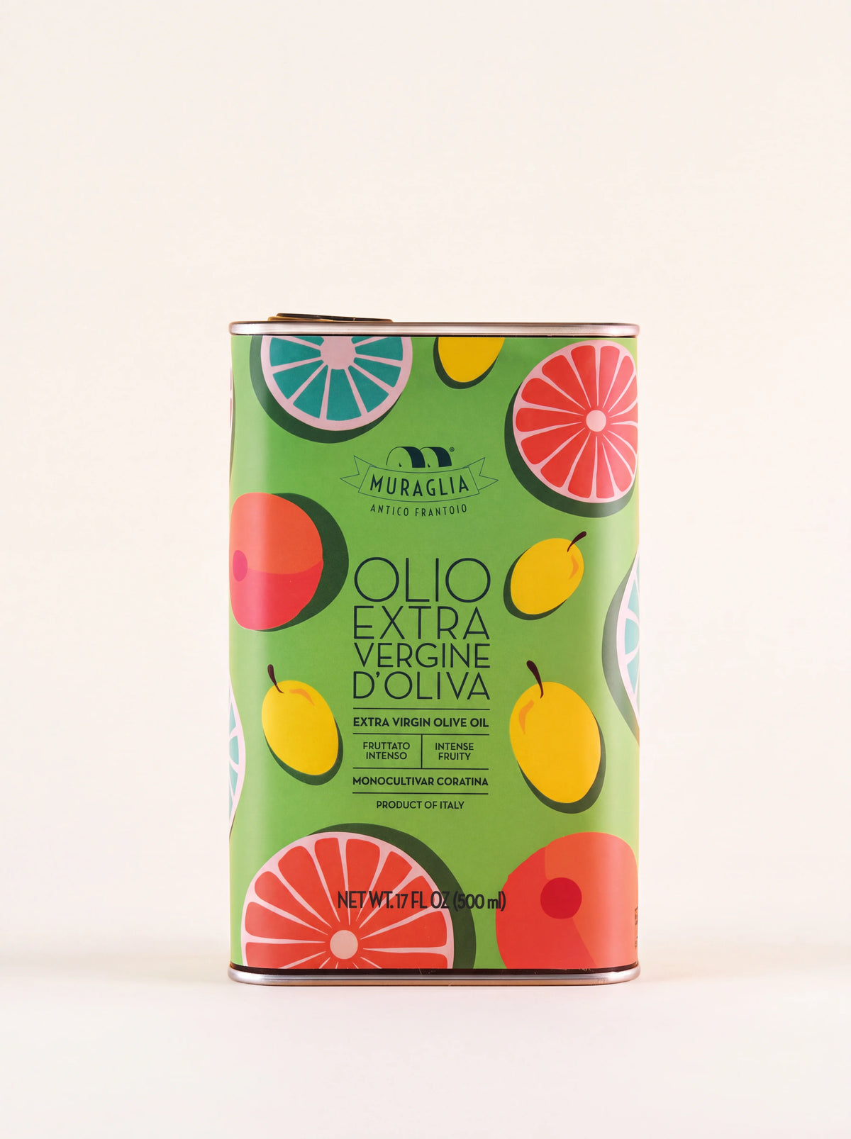 Extra virgin olive oil in a green 500 ml tin printed with colourful Mediterranean fruit motifs