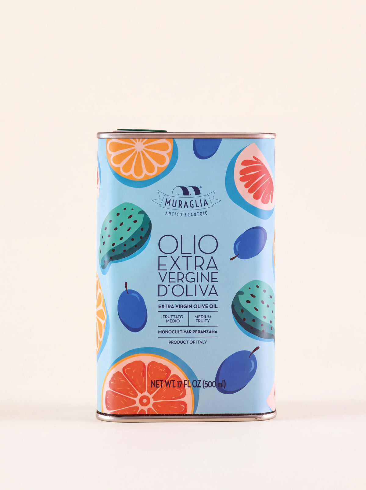 Extra virgin olive oil tin with an illustrated motif of citrus, plums and prickly pears on light blue