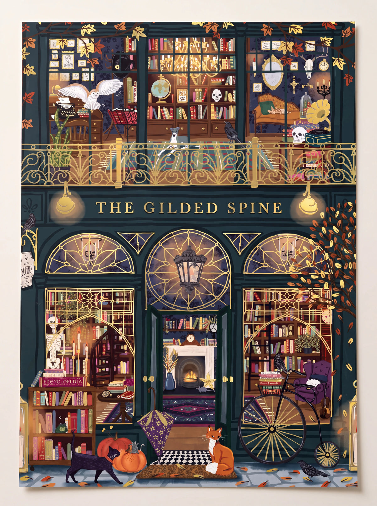 Illustrated foil puzzle depicting The Gilded Spine bookshop with decorative arched windows and gold accents