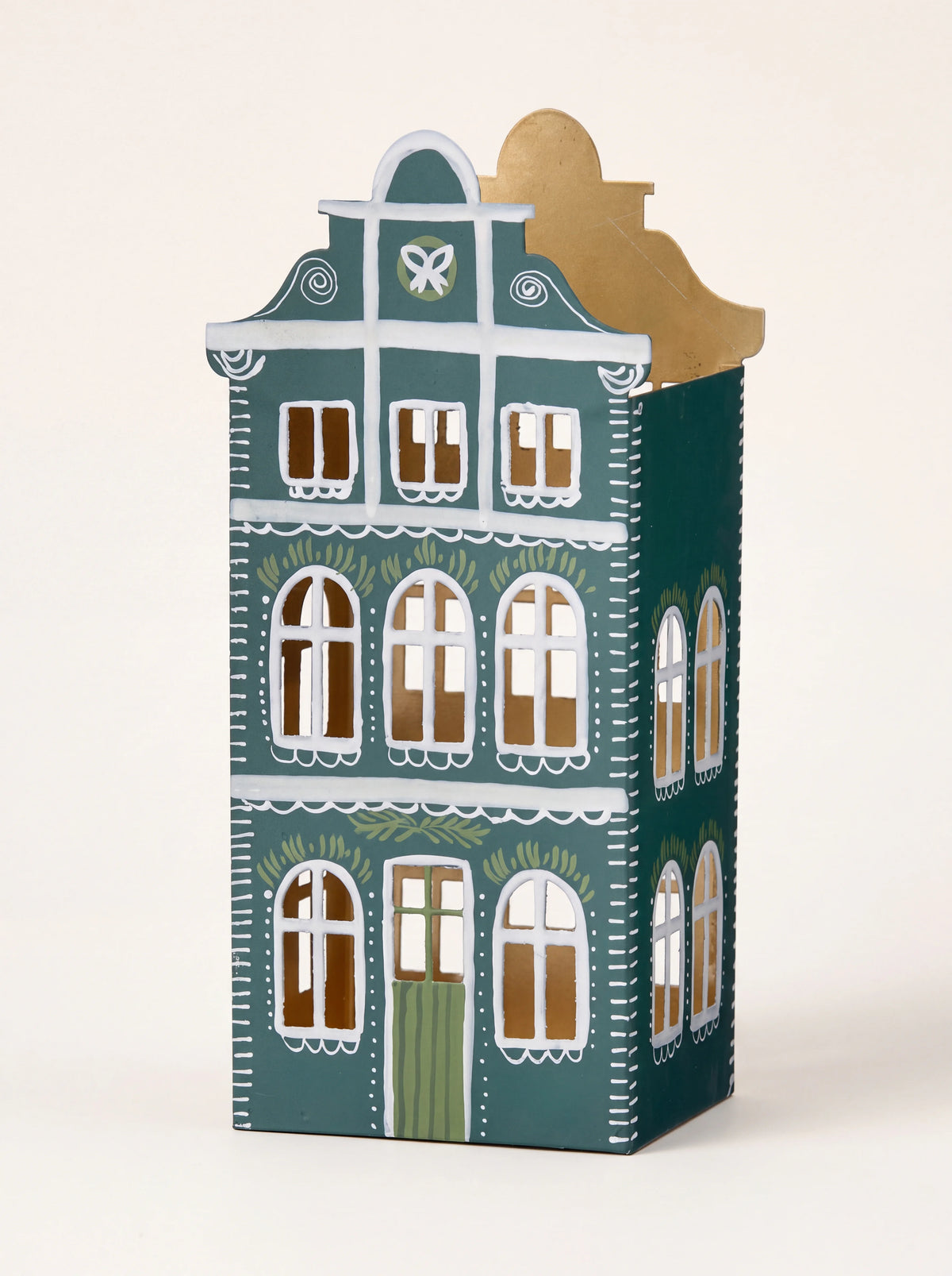 Forest green iron house candle holder with cutout windows, gabled facade, and gold-coloured interior