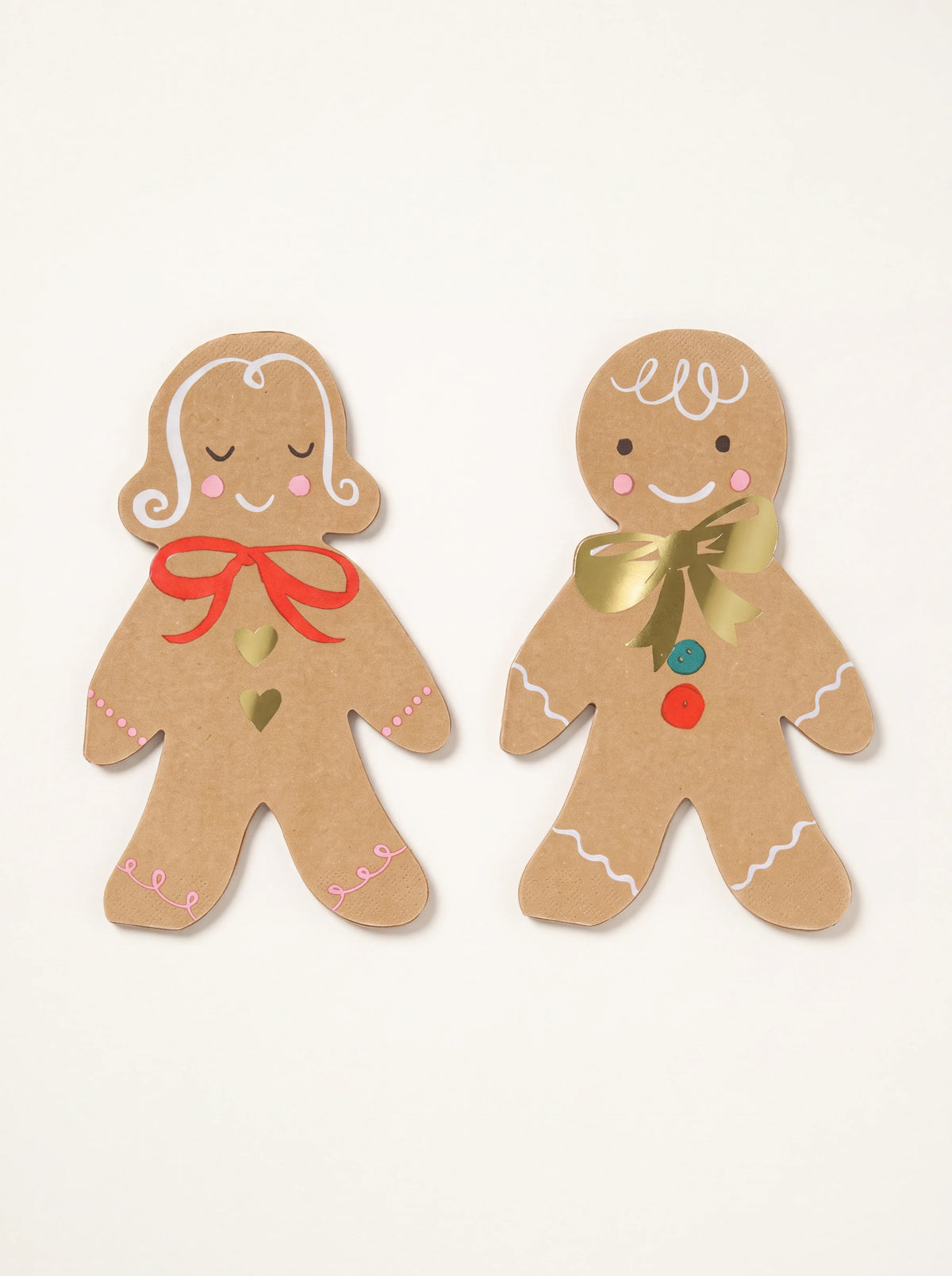 Gingerbread-shaped paper napkins in two designs with printed icing details and gold foil accents
