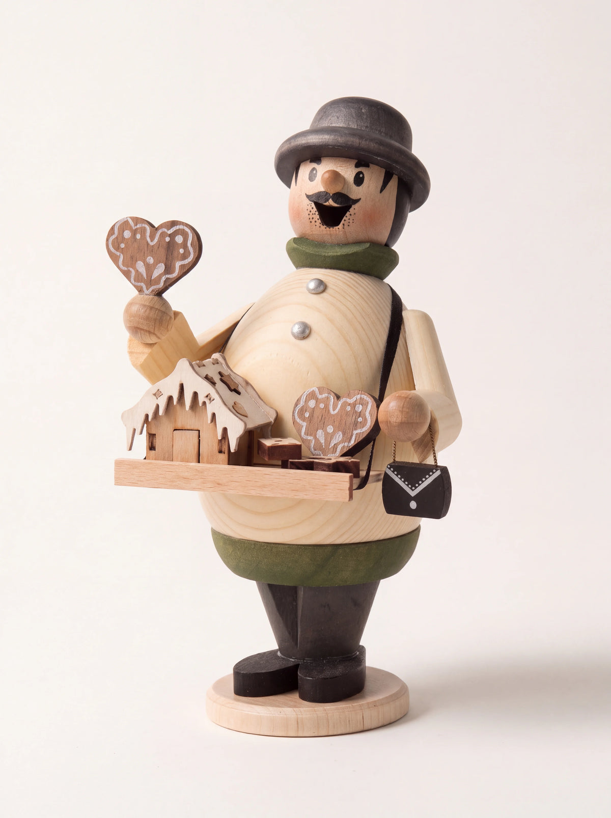 Wooden gingerbread seller incense smoker with bowler hat, vendor tray and miniature gingerbread house