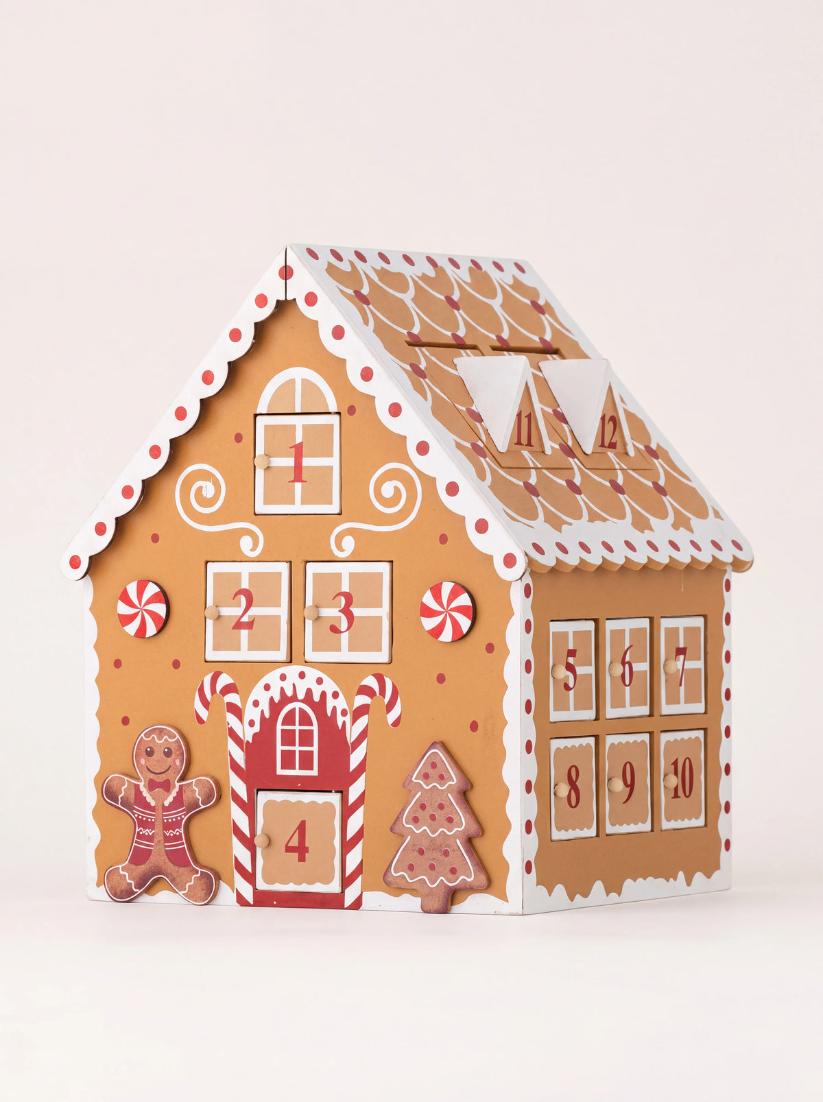 Gingerbread house Advent calendar in painted wood with numbered doors and candy cane trim