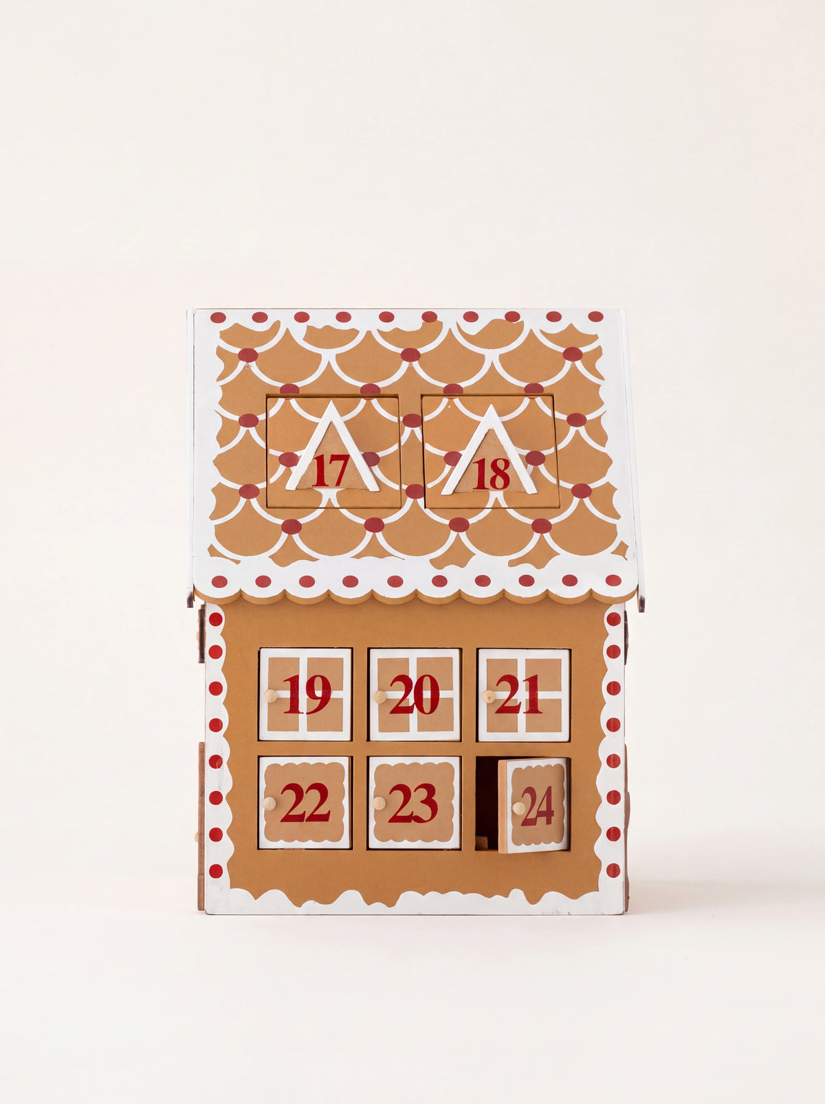 Side of the Advent calendar showing doors 17 to 24, with door 24 open