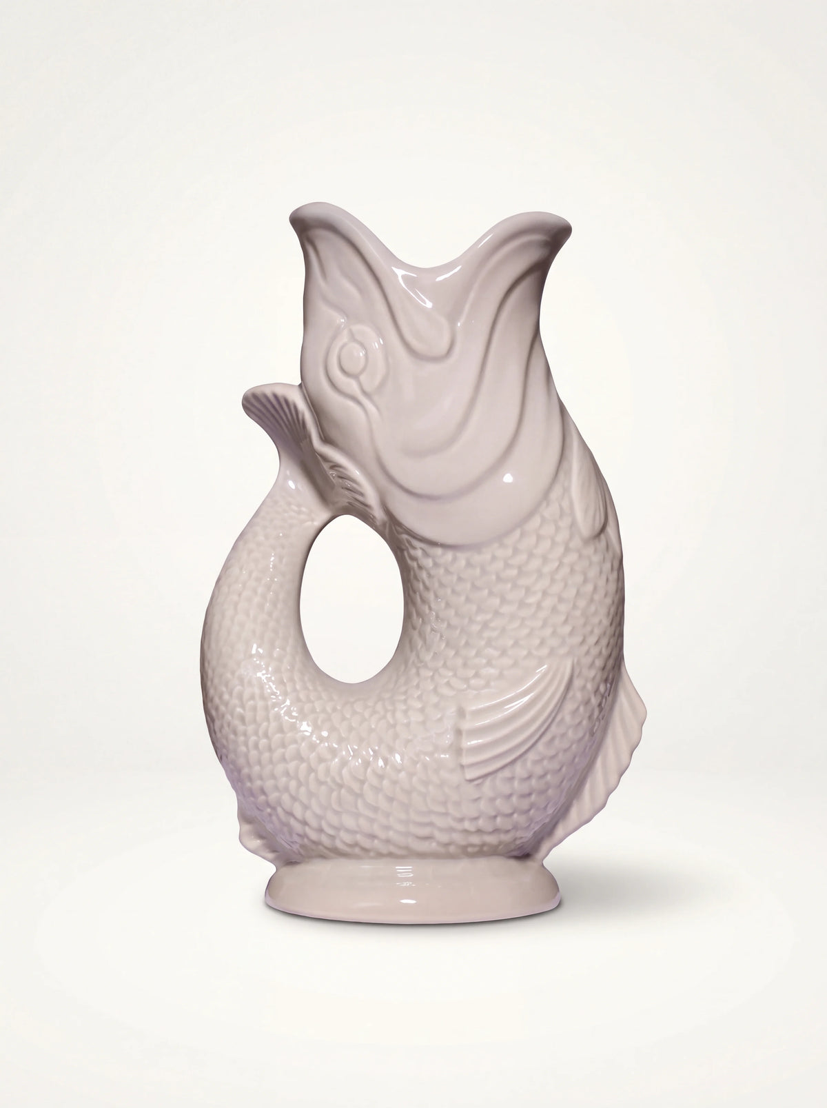 Mushroom grey glazed porcelain gluggle jug shaped like an upright fish