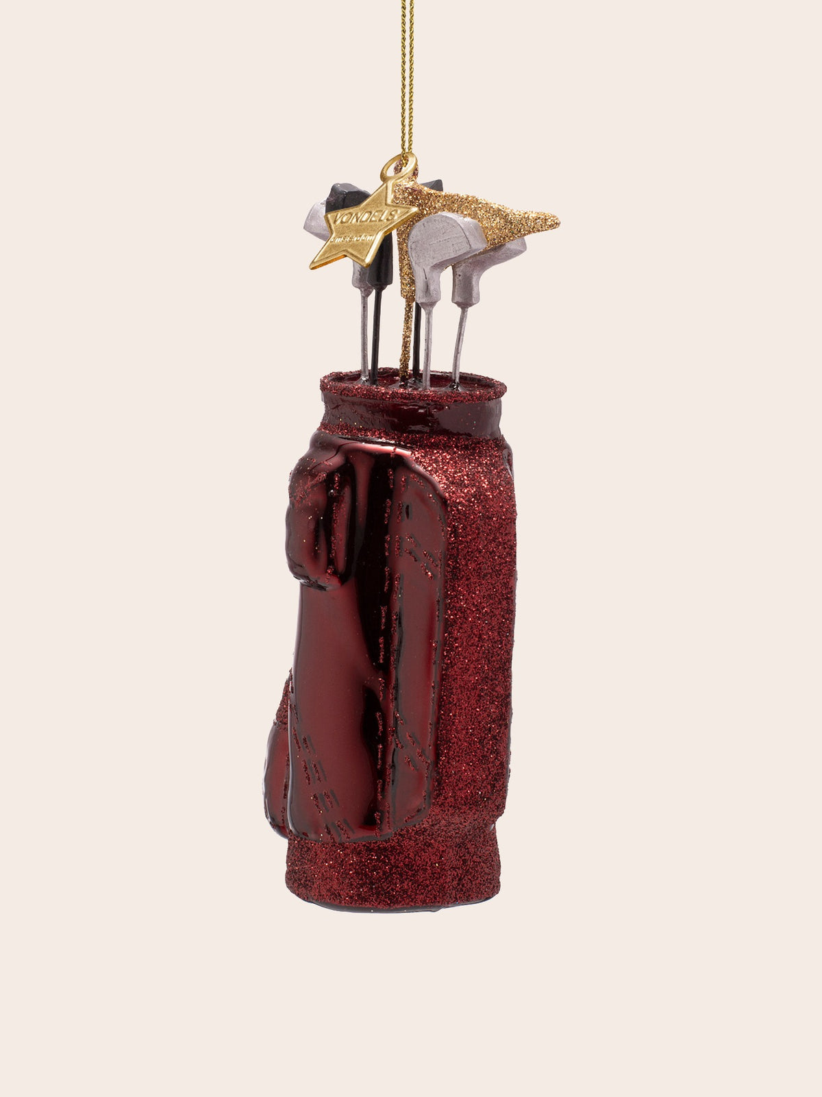 Reverse view showing the glittered carrying strap and metallic burgundy glass surface