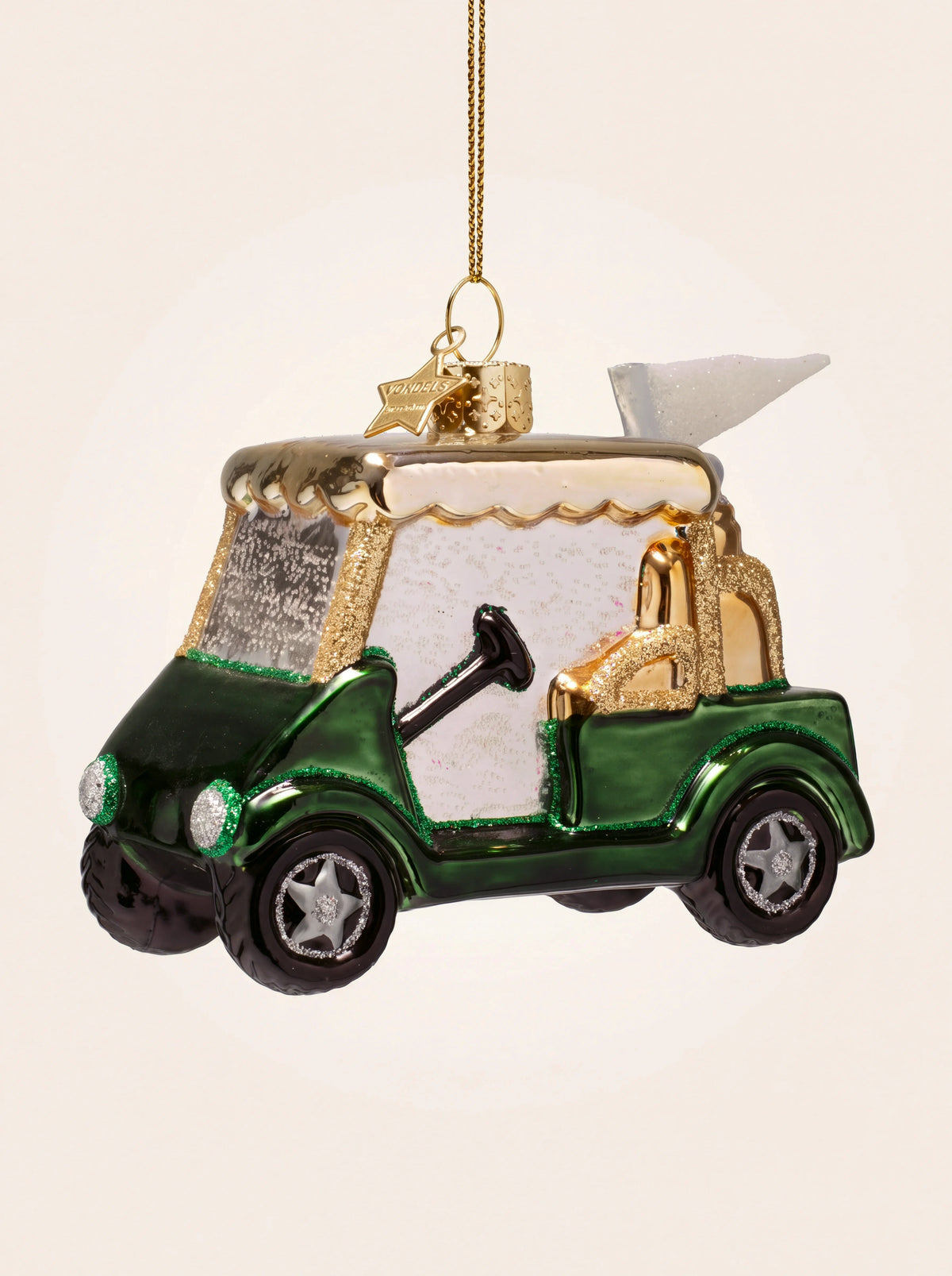 Dark green glass golf cart Christmas ornament with gold-toned roof and glitter detailing