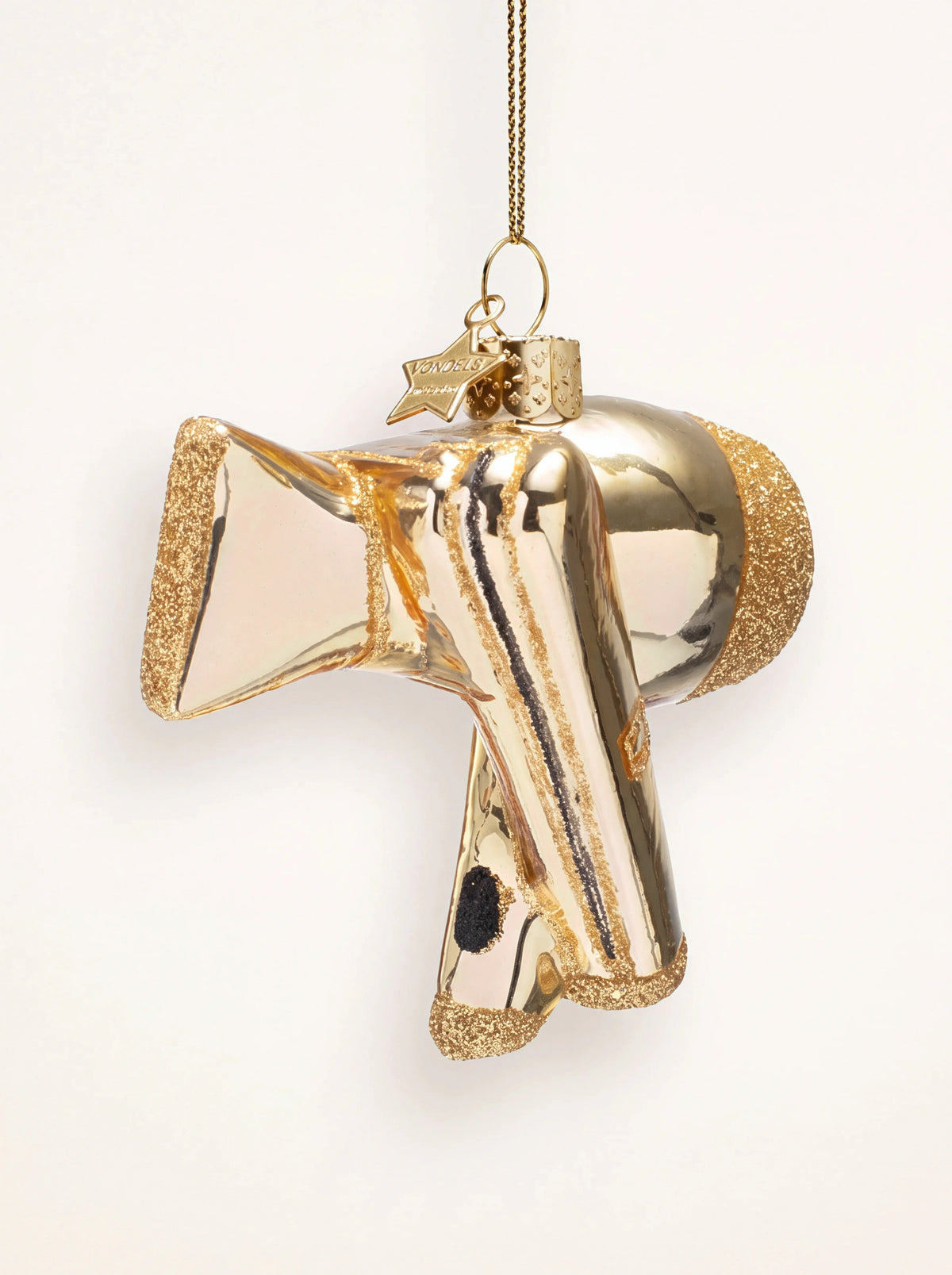 Gold glass hair dryer Christmas ornament with glitter trims and a hanging loop