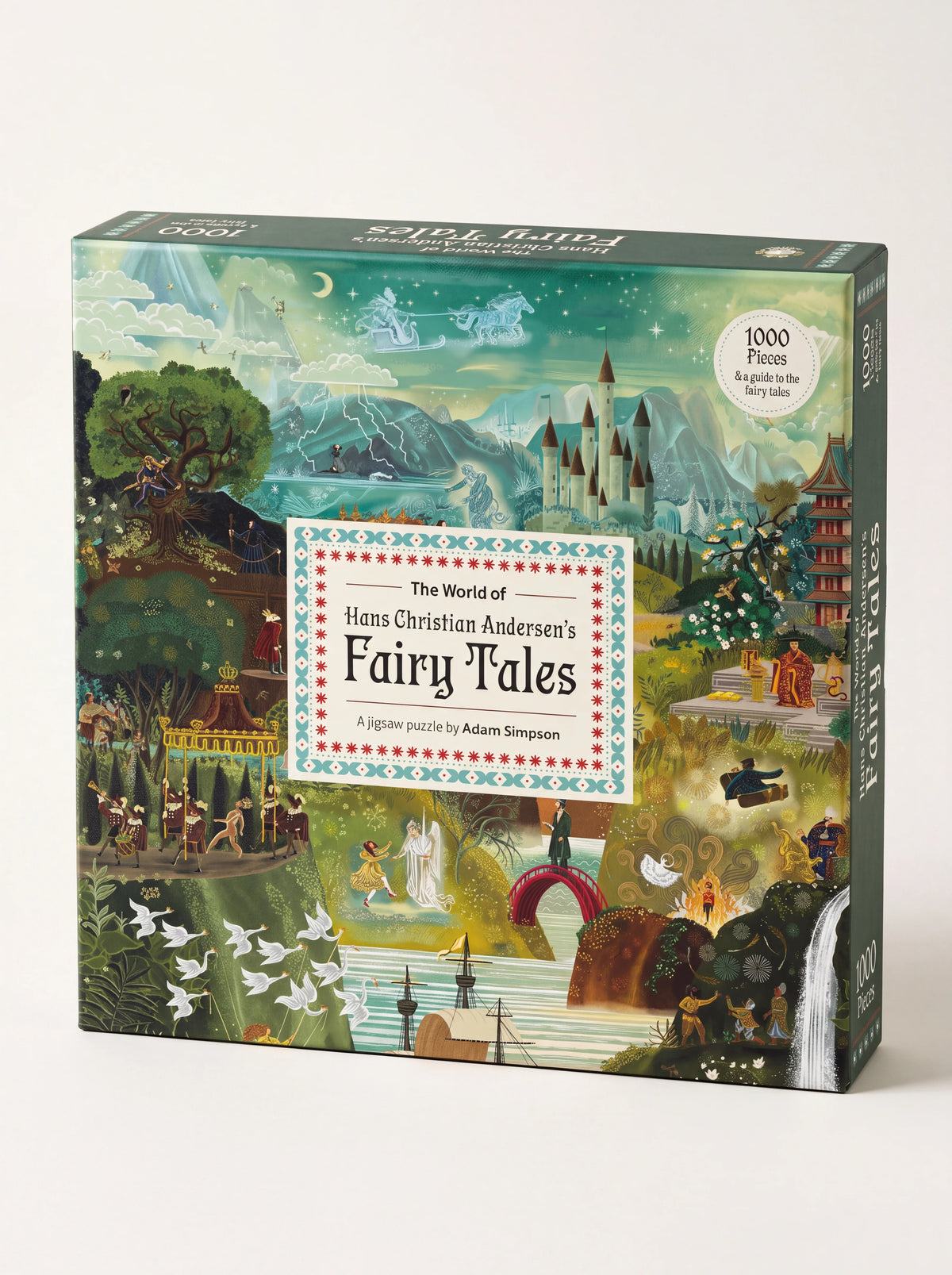 Hans Christian Andersen 1000-piece jigsaw puzzle box featuring illustrated classic fairy tale scenes