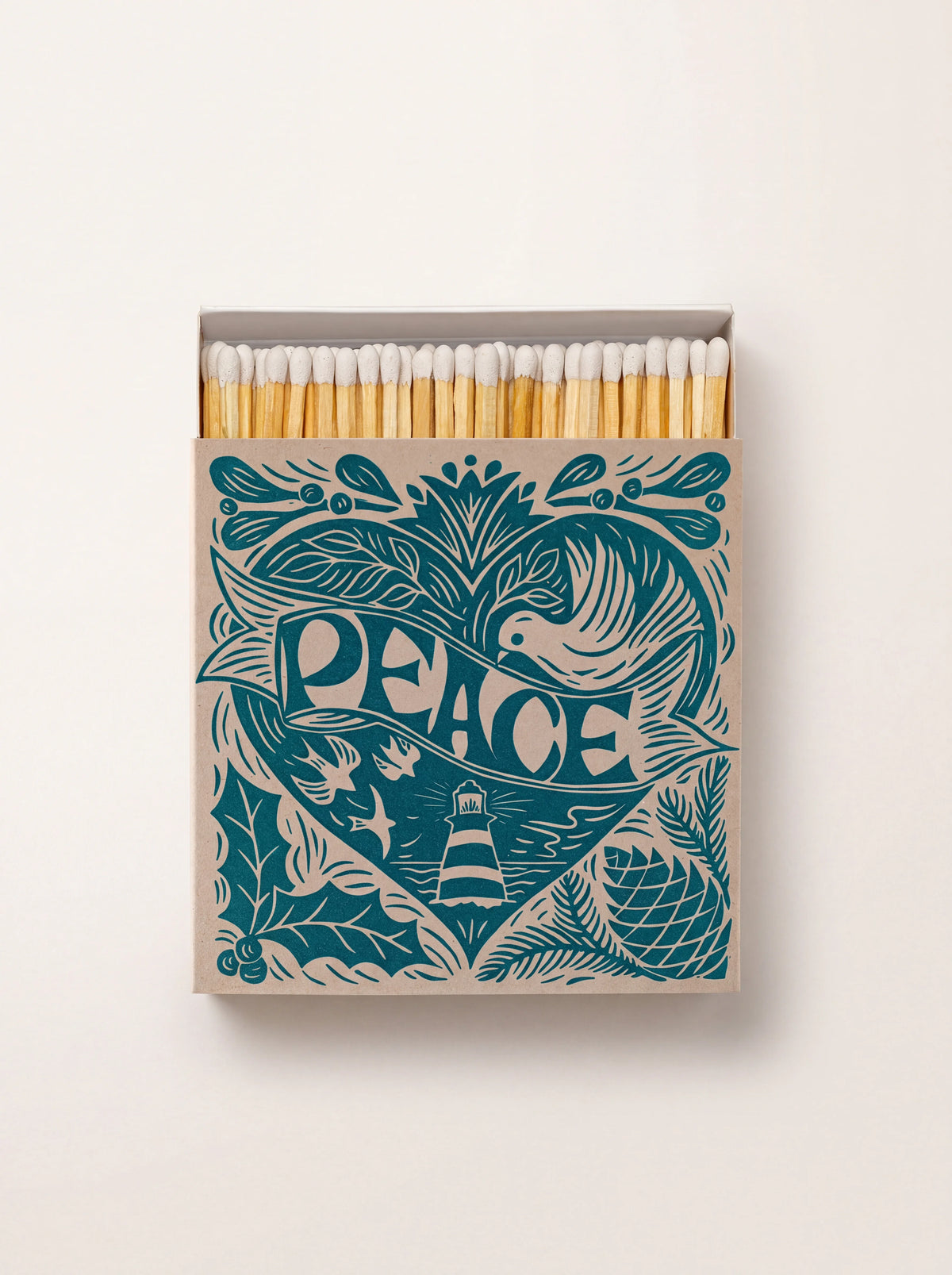 Square matchbox open to show white-tipped matches, with a teal heart illustration reading PEACE