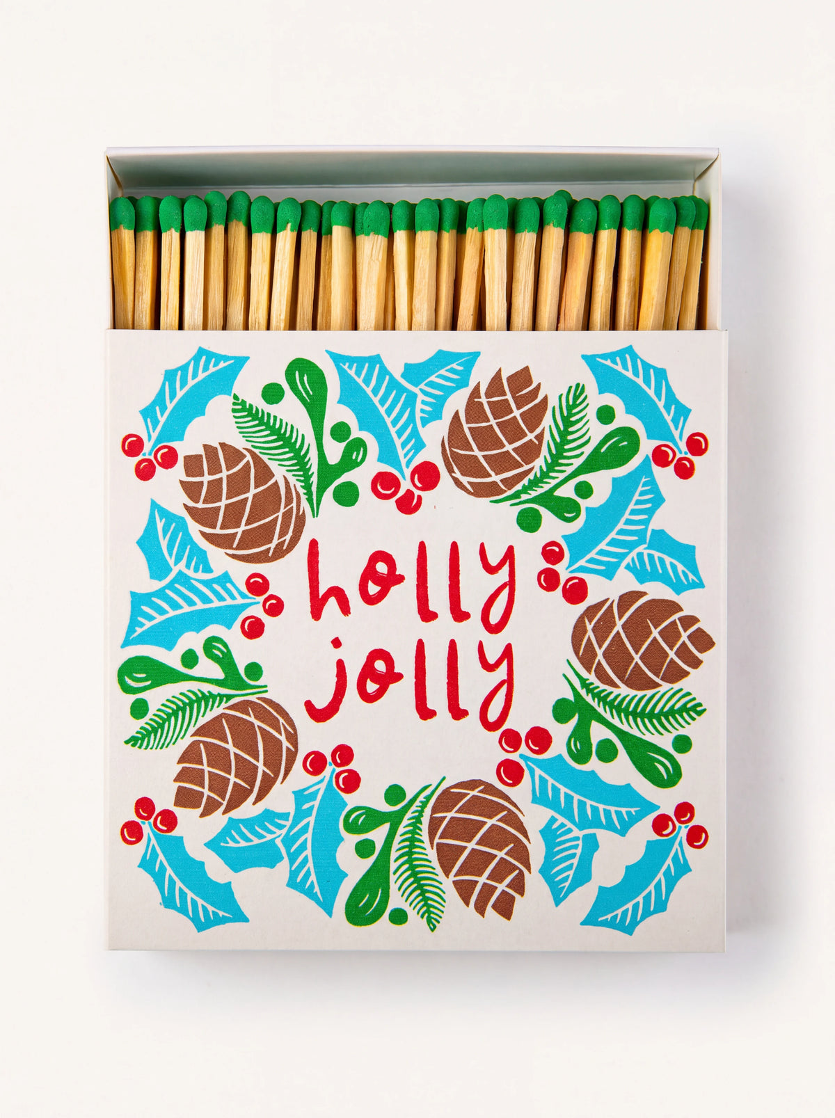 Square matchbox printed with holly jolly wreath design, open to reveal matches with green tips