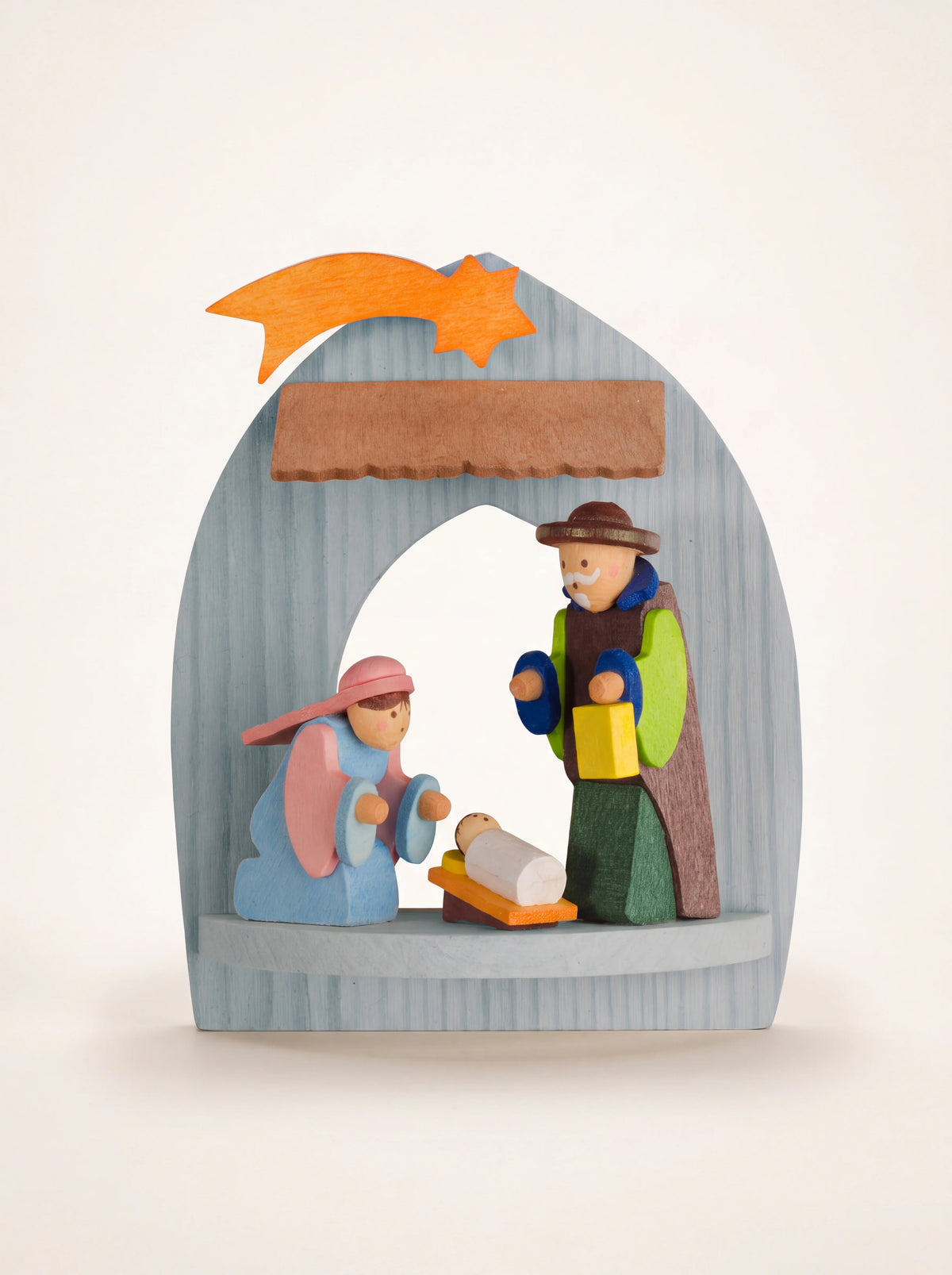 Hand-painted sycamore wood nativity ornament with Mary, Joseph holding a lantern, and baby Jesus inside an arch