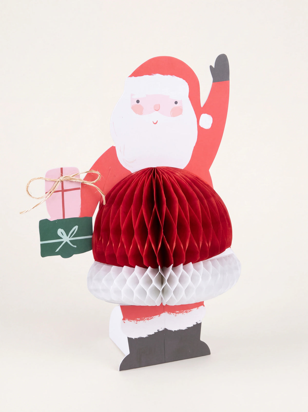 Stand-up Santa Claus paper card with an expanding red and white honeycomb belly and twine-tied gifts