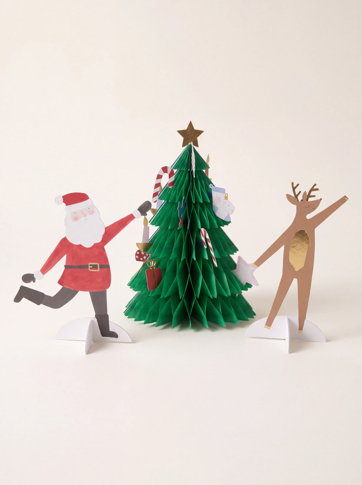 Fold-out green honeycomb paper Christmas tree with freestanding paper Santa Claus and reindeer figures